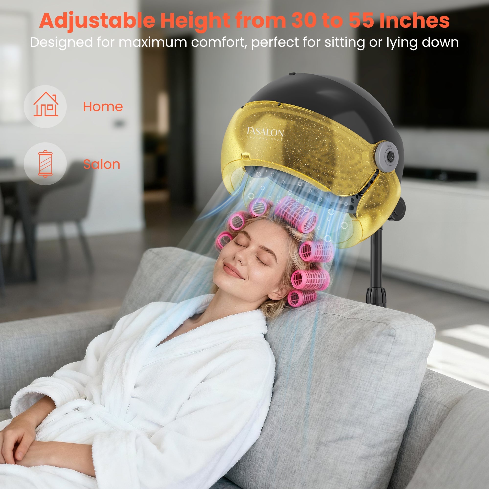 TASALON Ionic Hooded Hair Dryer, 1875W Adjustable Height Standing Bonnet Dryer for Home and Salon - Gold