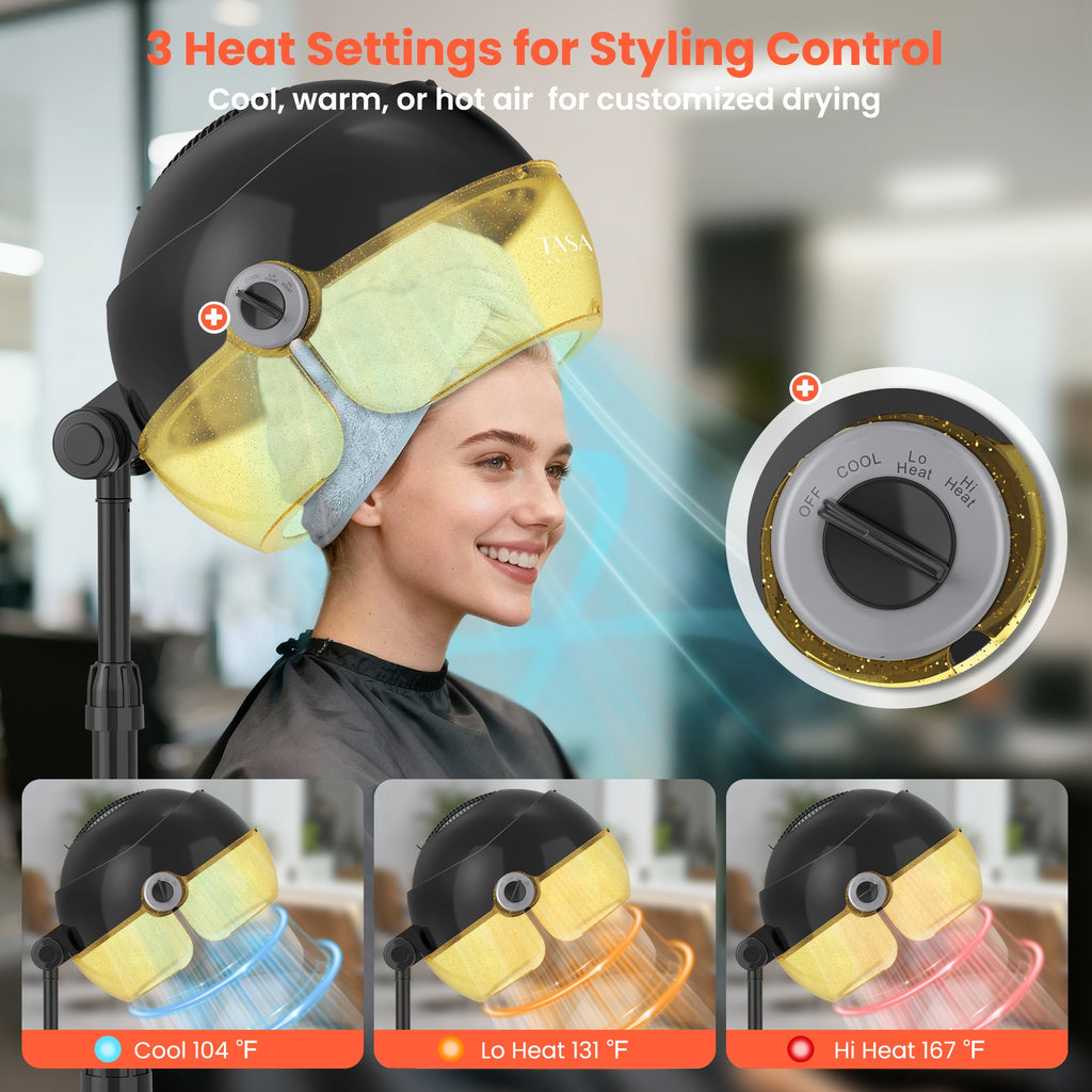 TASALON Ionic Hooded Hair Dryer, 1875W Adjustable Height Standing Bonnet Dryer for Home and Salon - Gold