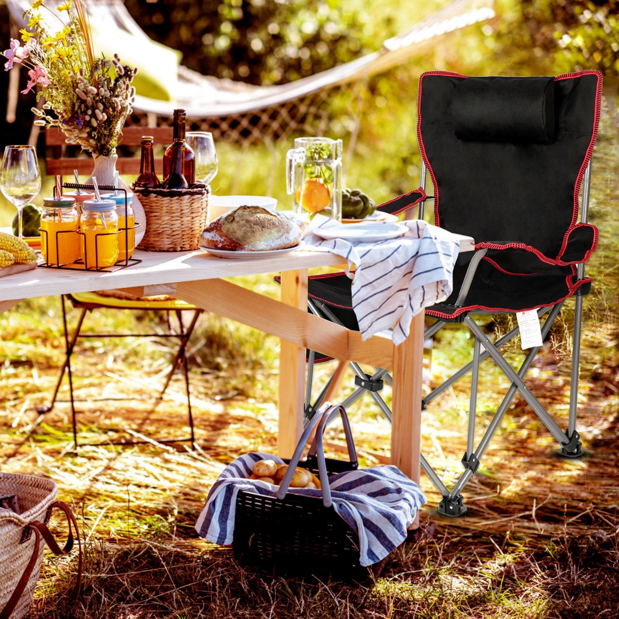 2 in 1 Folding Camping Chair with Footrest Mesh Lounge chair in Black