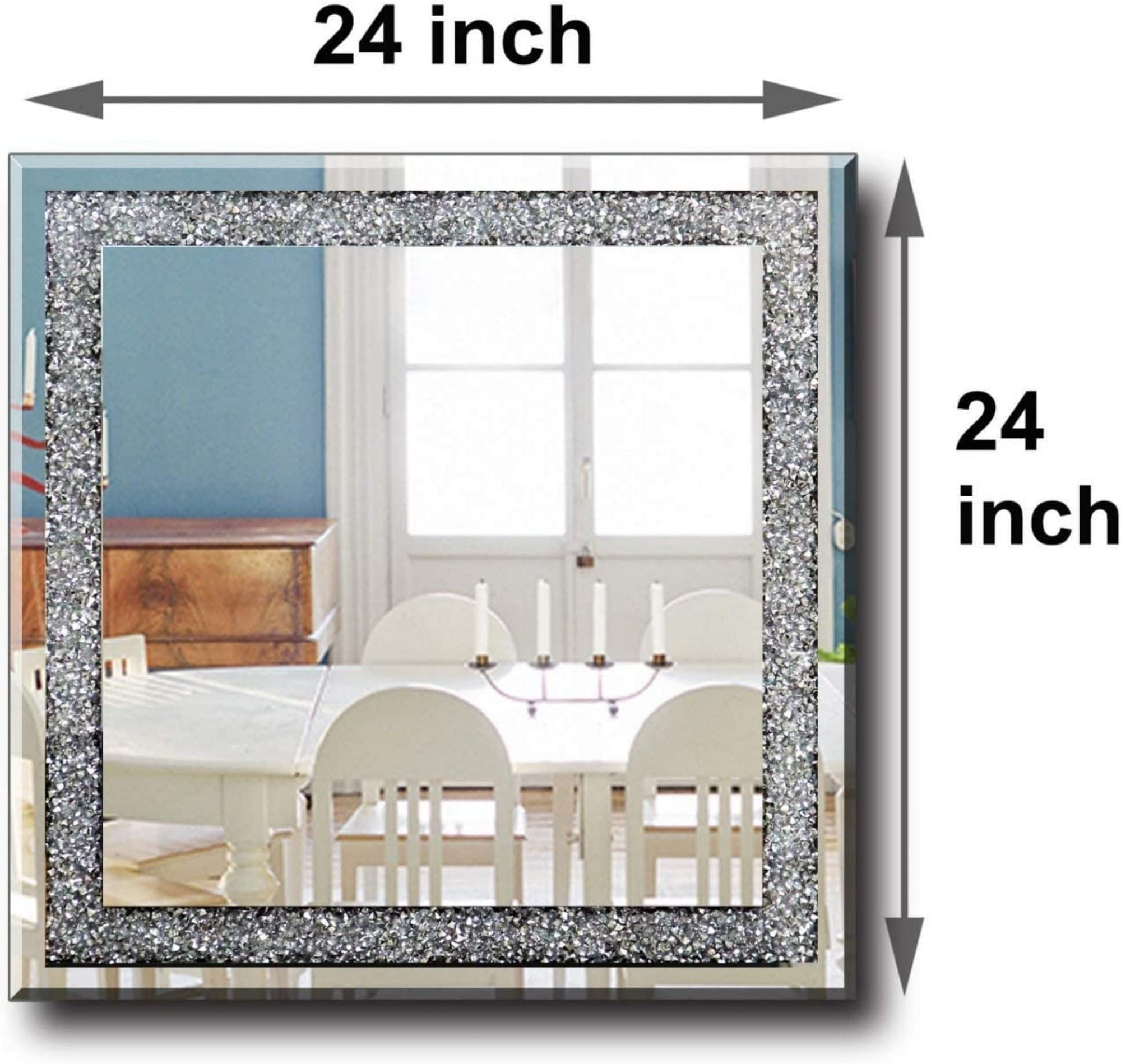 24 in. W x 24 in. H Square Framed Silver Crystal Decorative Wall Mirror