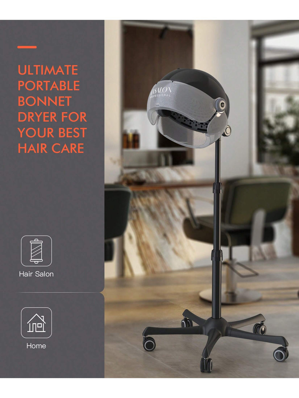 TASALON Ionic Hooded Hair Dryer, 1875W Adjustable Height Standing Bonnet Dryer for Home and Salon - Transparent