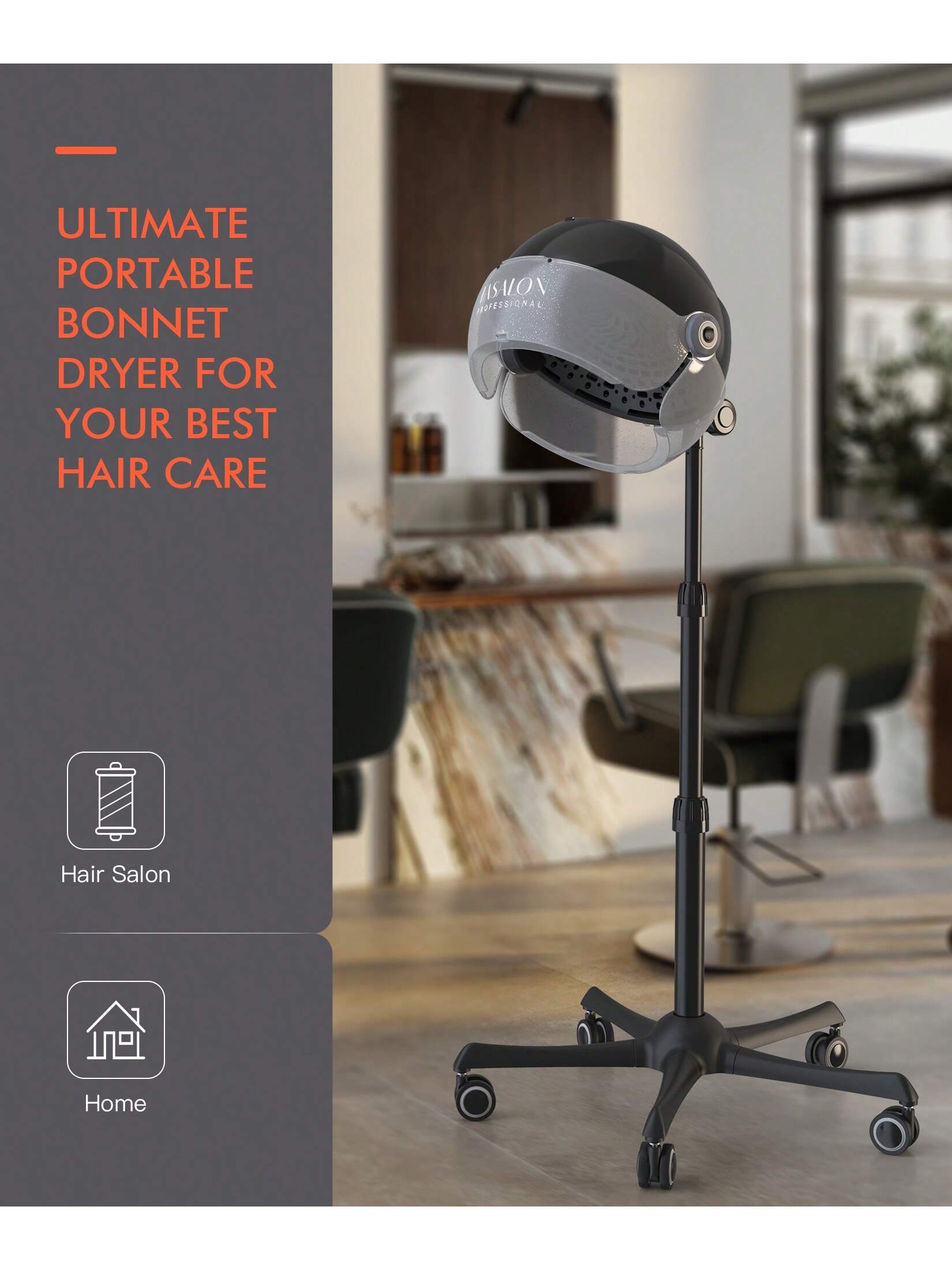 TASALON Ionic Hooded Hair Dryer, 1875W Adjustable Height Standing Bonnet Dryer for Home and Salon - Transparent