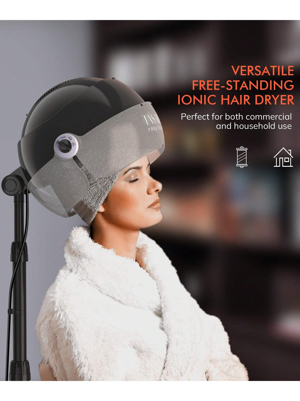TASALON Ionic Hooded Hair Dryer, 1875W Adjustable Height Standing Bonnet Dryer for Home and Salon - Transparent
