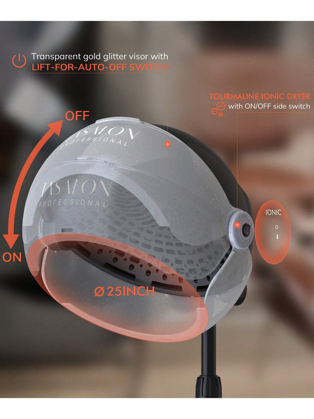 TASALON Ionic Hooded Hair Dryer, 1875W Adjustable Height Standing Bonnet Dryer for Home and Salon - Transparent