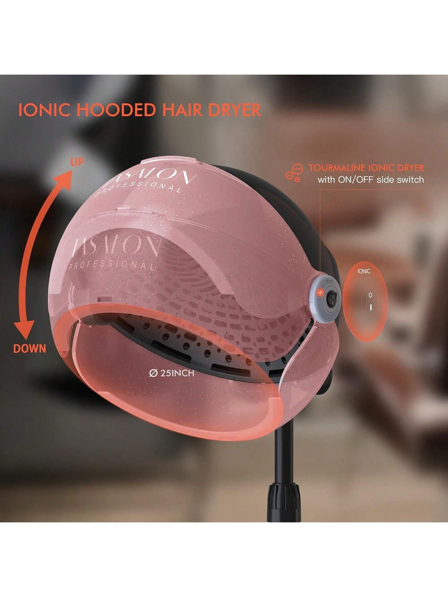 TASALON Ionic Hooded Hair Dryer, 1875W Adjustable Height Standing Bonnet Dryer for Home and Salon - Pink