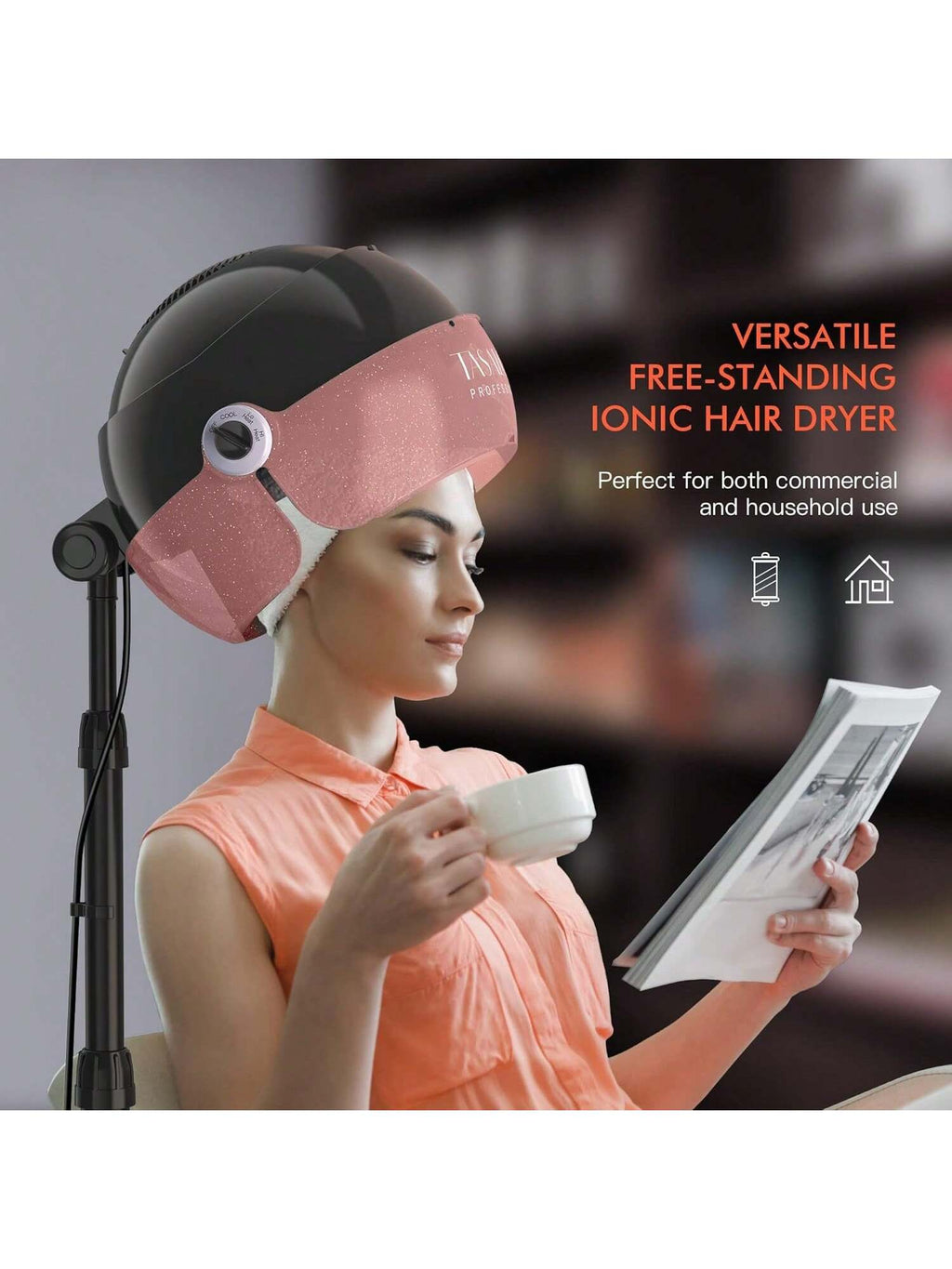 TASALON Ionic Hooded Hair Dryer, 1875W Adjustable Height Standing Bonnet Dryer for Home and Salon - Pink