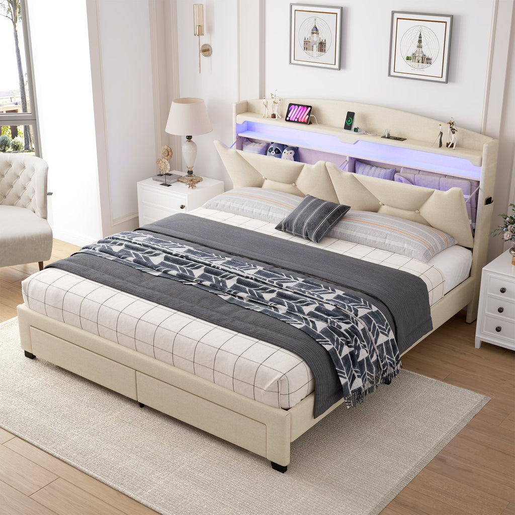 Single Bed Frame With Storage Headboard, Upholstered Bed Frame With Drawers, Charging Station, And Led Lighting
