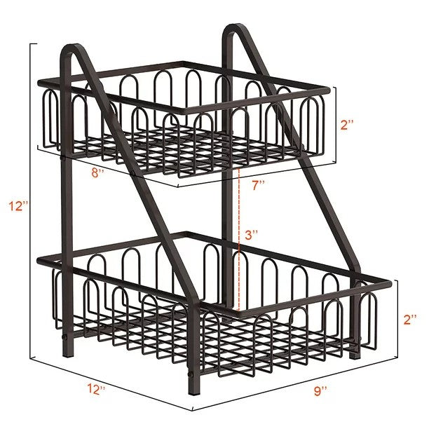 2-Tier Bronze Metal Fruit Baskets with Handle For Countertop (12 in. H x 12 in. W x 9 in. D)