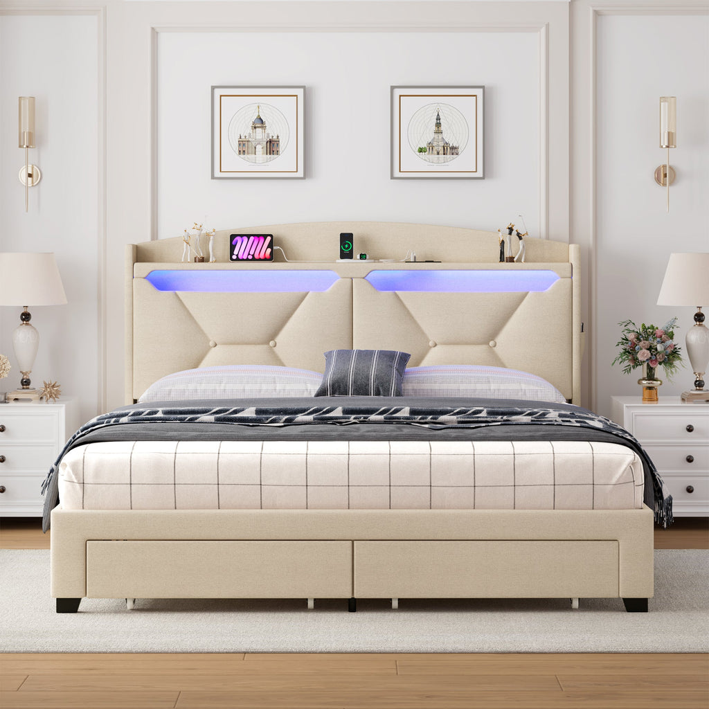 Single Bed Frame With Storage Headboard, Upholstered Bed Frame With Drawers, Charging Station, And Led Lighting