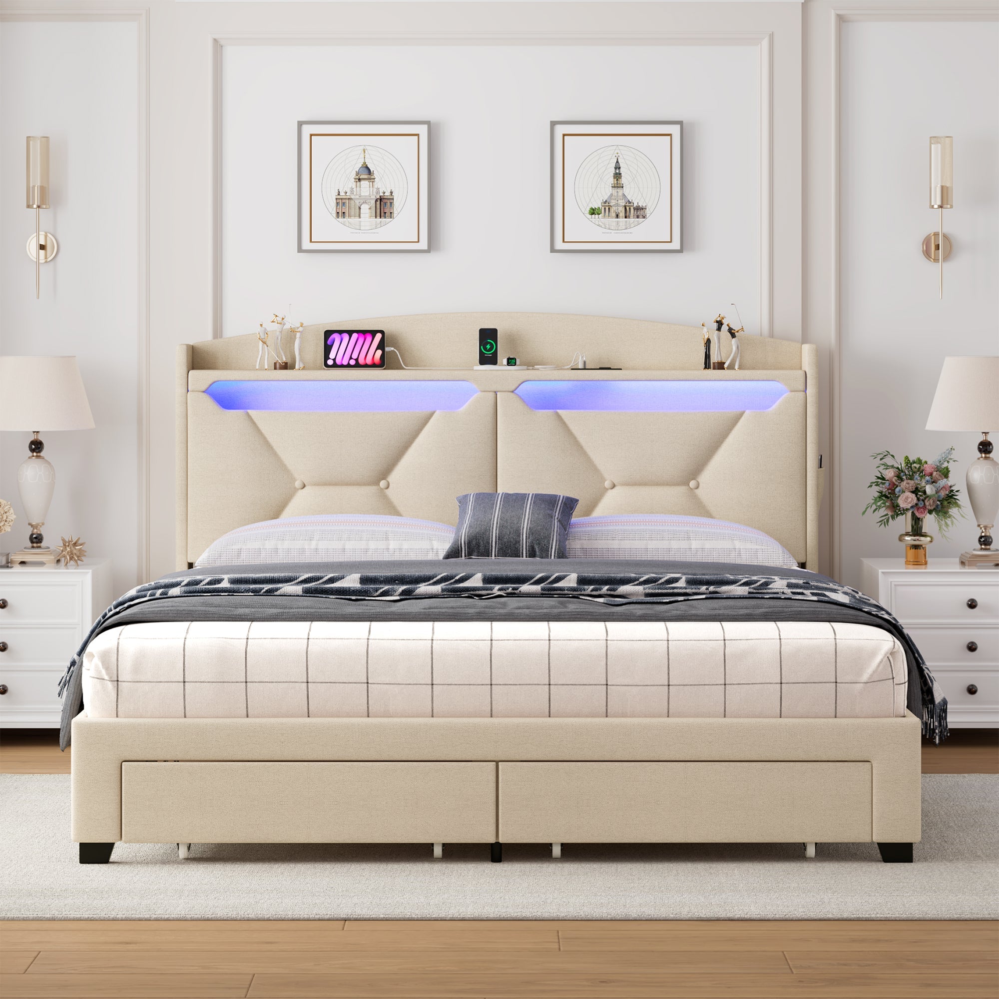 Single Bed Frame With Storage Headboard, Upholstered Bed Frame With Drawers, Charging Station, And Led Lighting