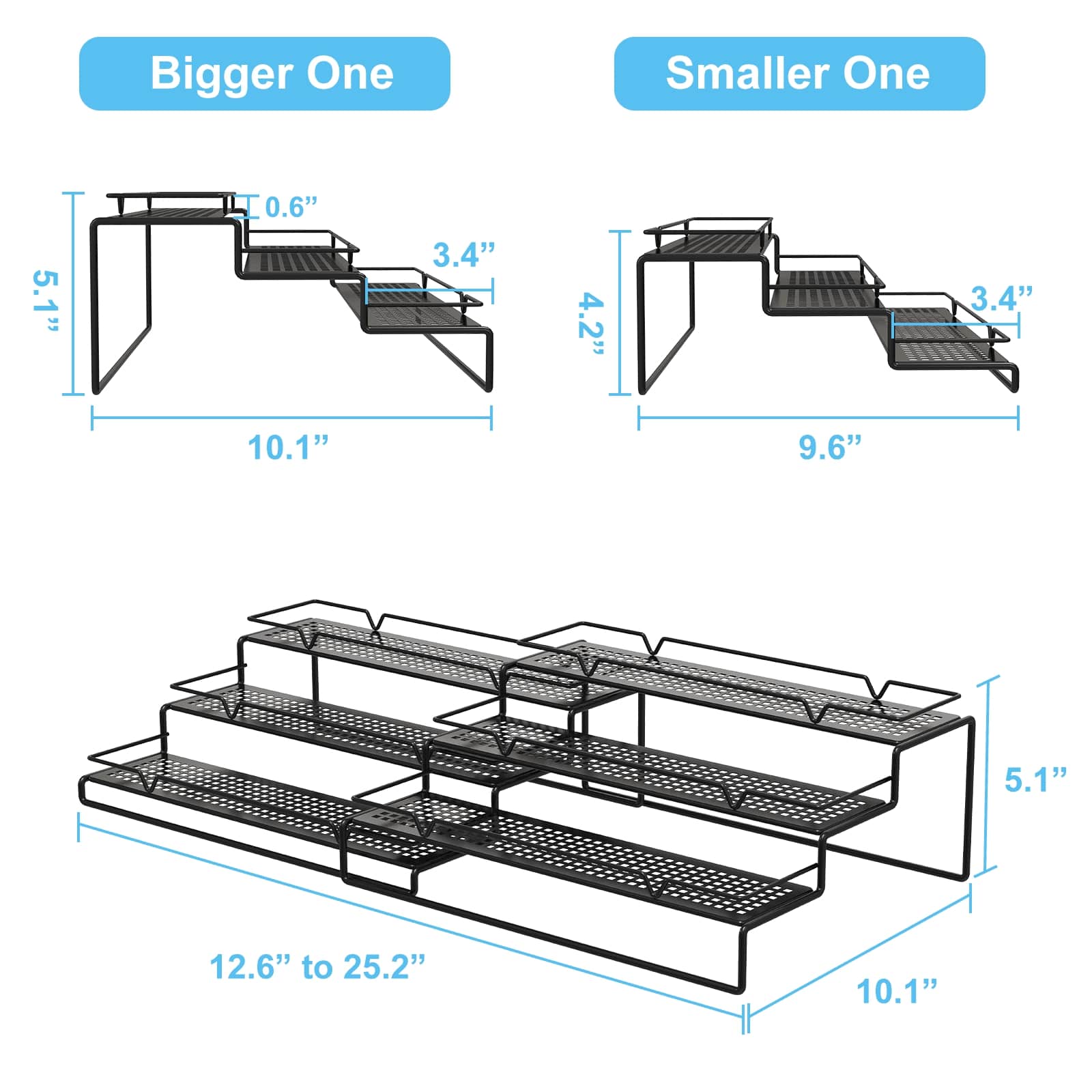 3-Tier Black Metal Wire Adjustable Spice Rack Organizer
