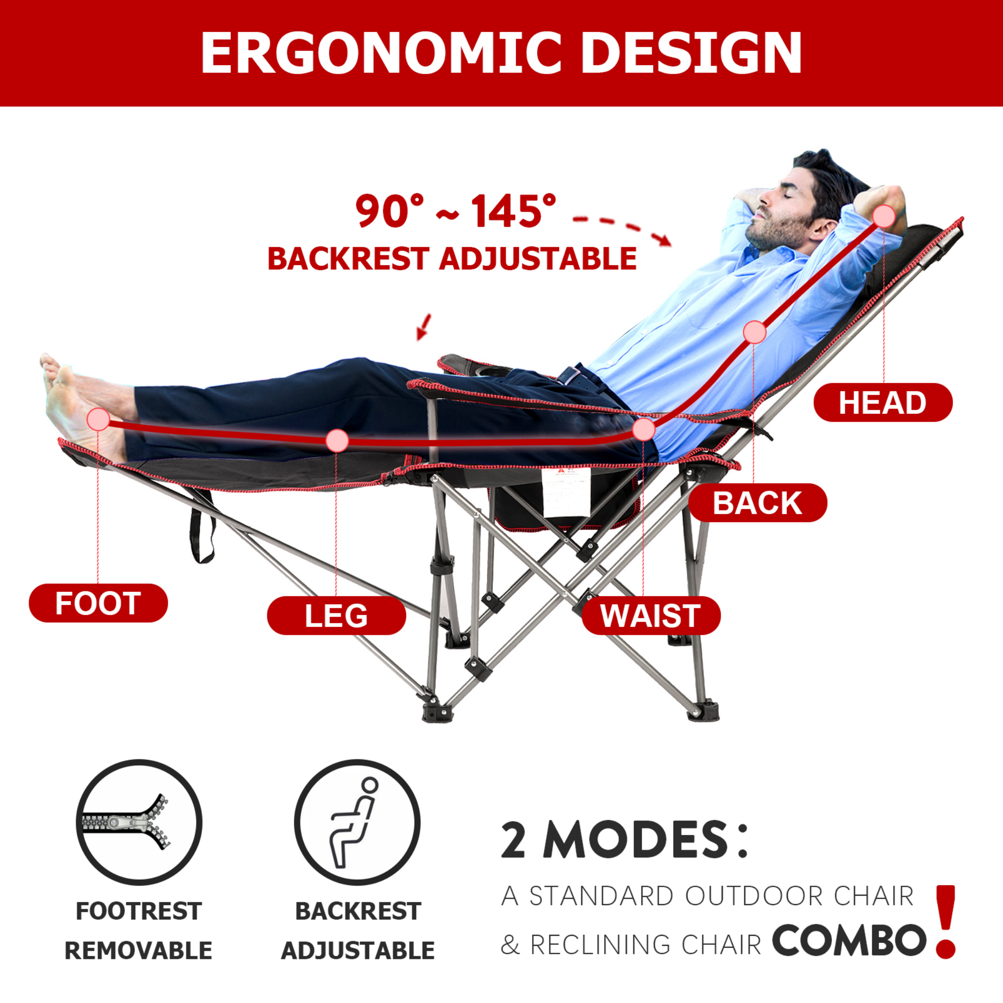 2 in 1 Folding Camping Chair with Footrest Mesh Lounge chair in Black