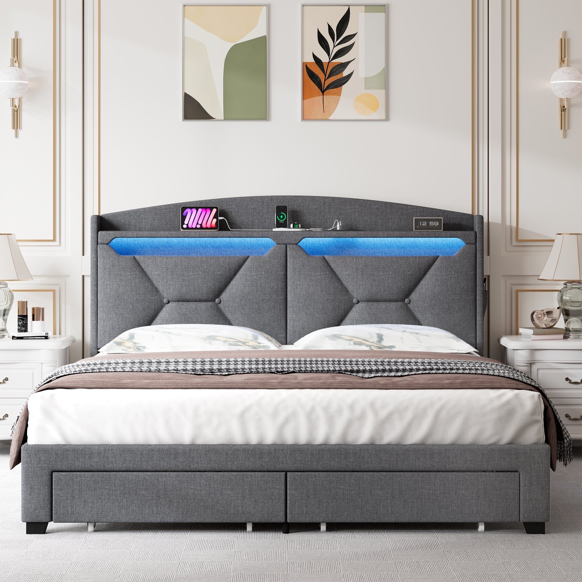 Single Bed Frame With Storage Headboard, Upholstered Bed Frame With Drawers, Charging Station, And Led Lighting