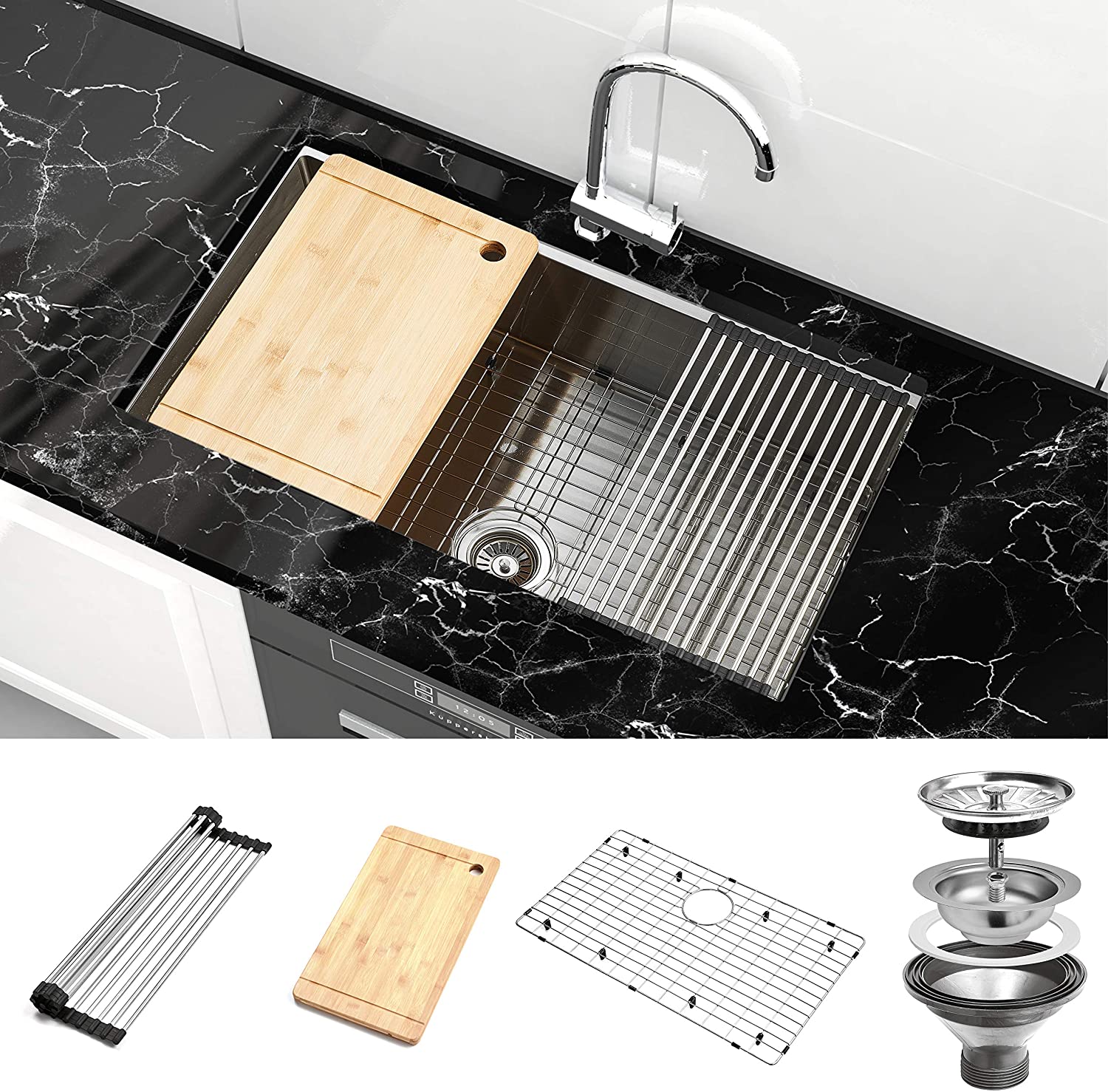 32 in. Undermount Single Bowl 16-Gauge Stainless Steel Kitchen Sink with Accessories (5-Pack Built-in Components)