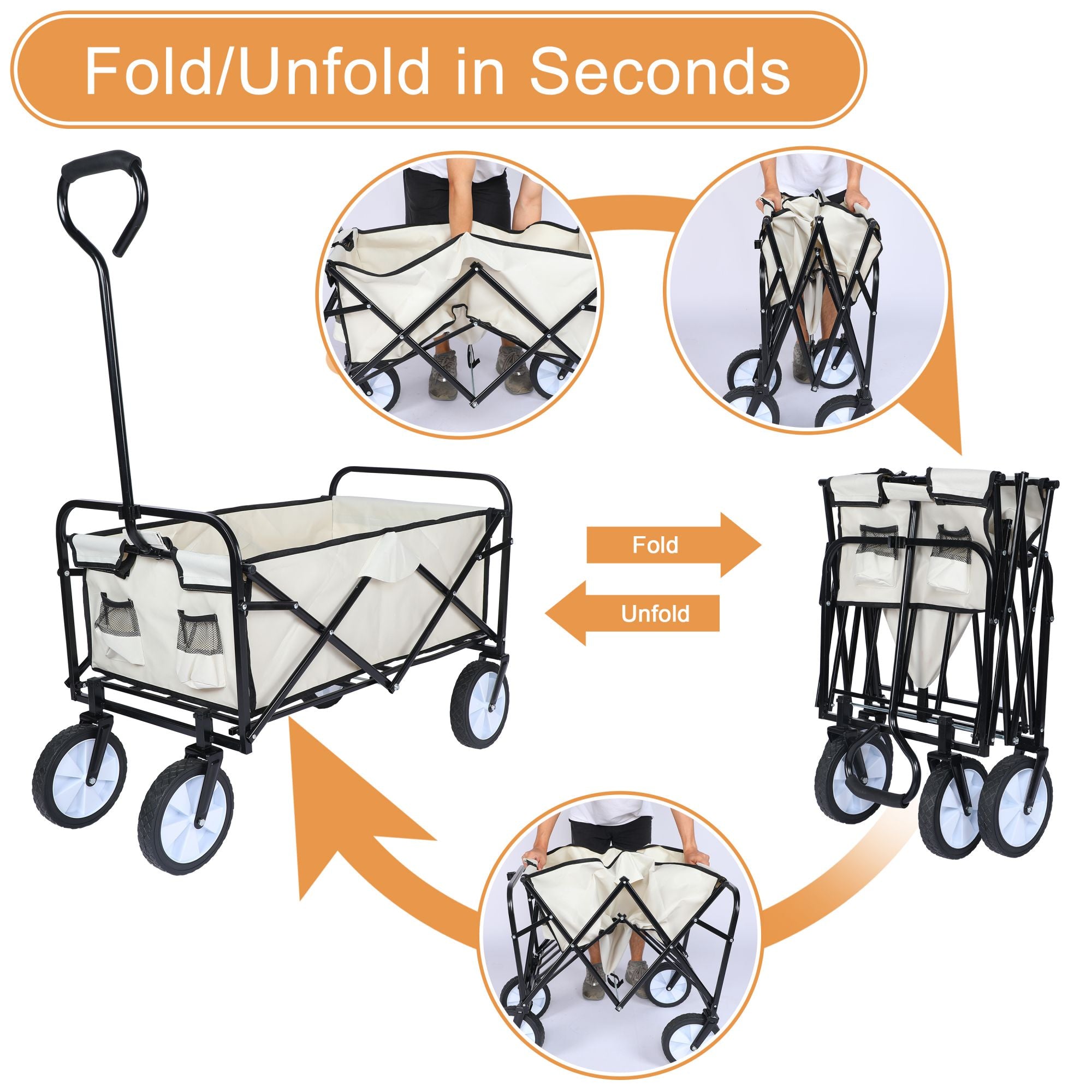 8 cu. ft. White Steel Rolling Collapsible Garden Cart Camping Wagon with Swivel Wheels and Adjustable Handle