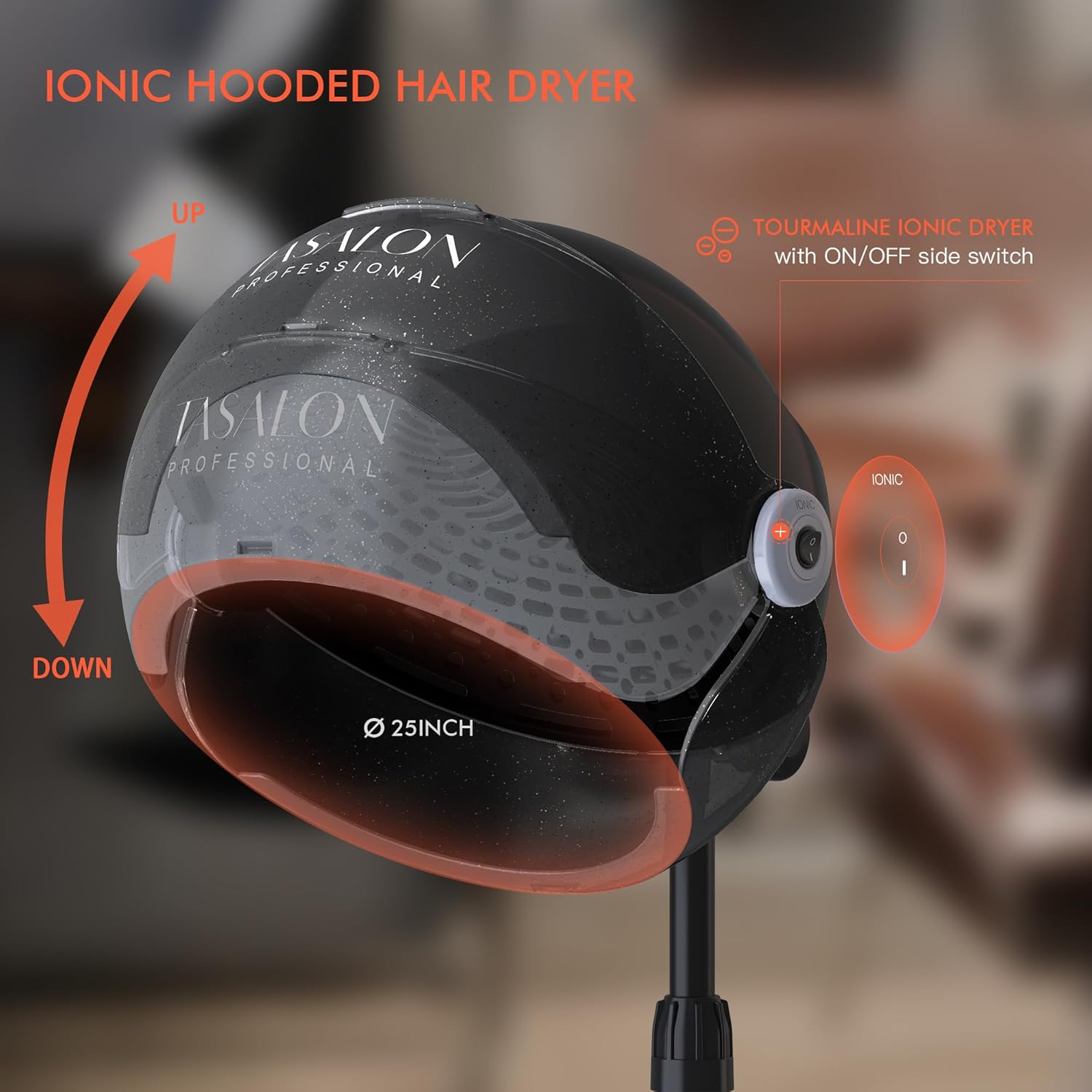 TASALON Ionic Hooded Hair Dryer, 1875W Adjustable Height Standing Bonnet Dryer for Home and Salon - Black