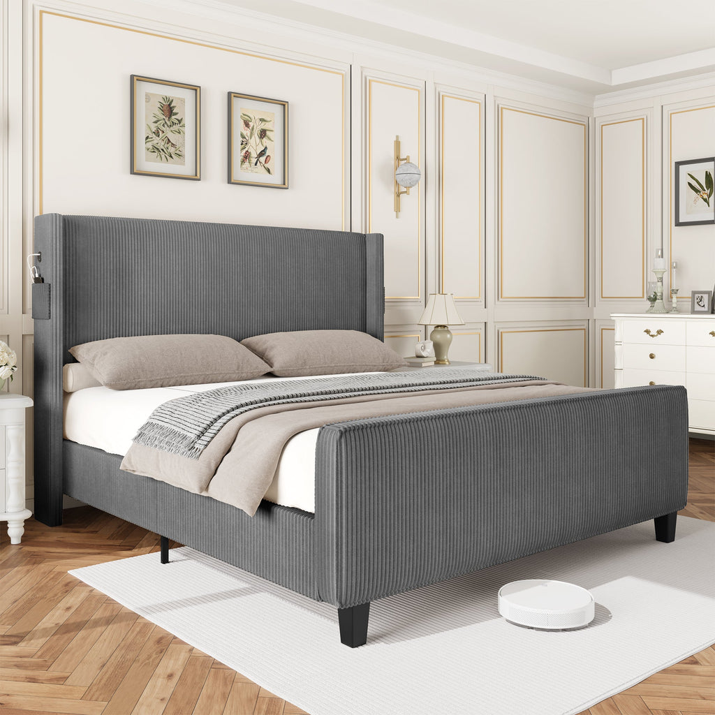 Corduroy Bed Frame With Wingback Headboard，Upholstered Platform Bed With Wood Slats, No Box Spring Needed, Easy Assembly