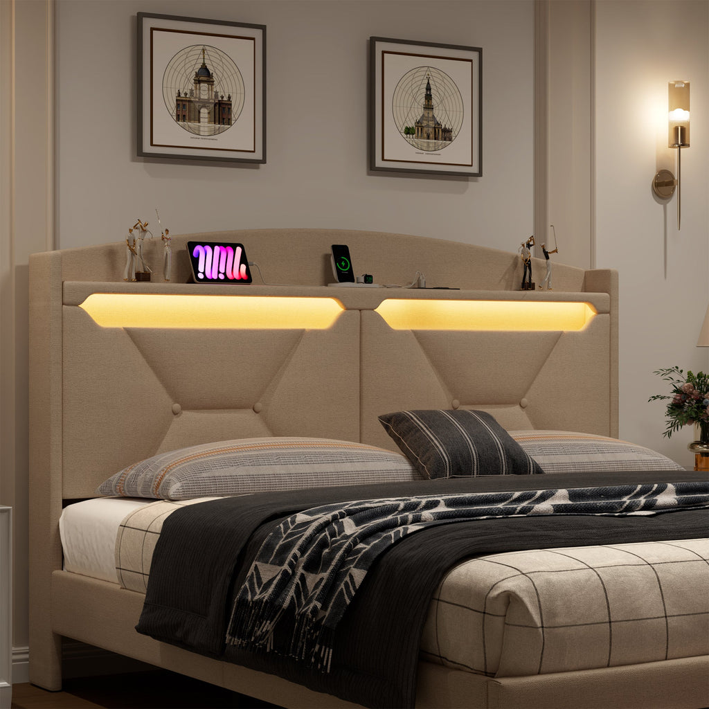 Single Bed Frame With Storage Headboard, Upholstered Bed Frame With Drawers, Charging Station, And Led Lighting
