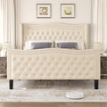 Beige Wood Frame Platform Bed with Wingback Headboard and Rhombus Pattern