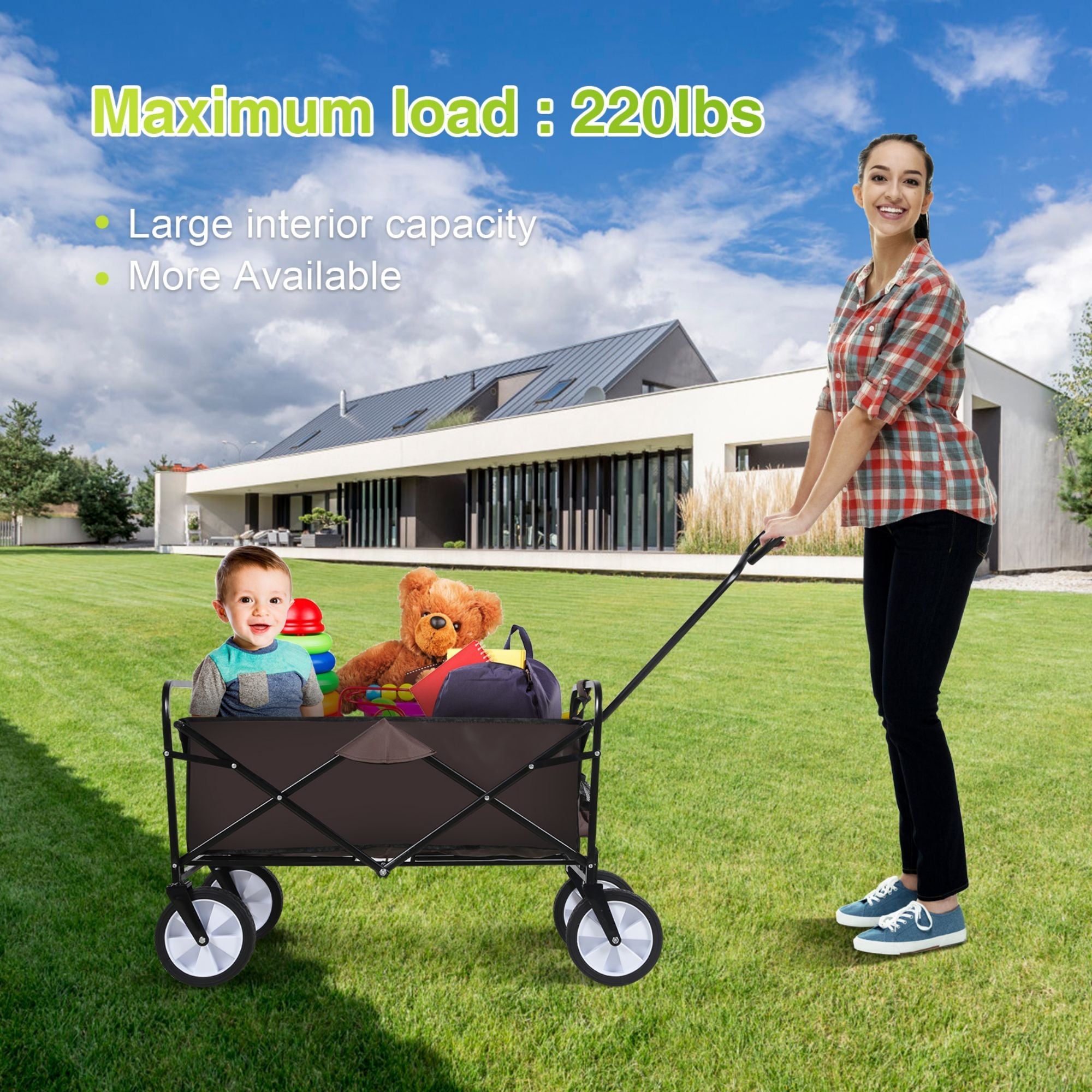 8 cu. ft. Brown Steel Rolling Collapsible Garden Cart Camping Wagon with Swivel Wheels and Adjustable Handle