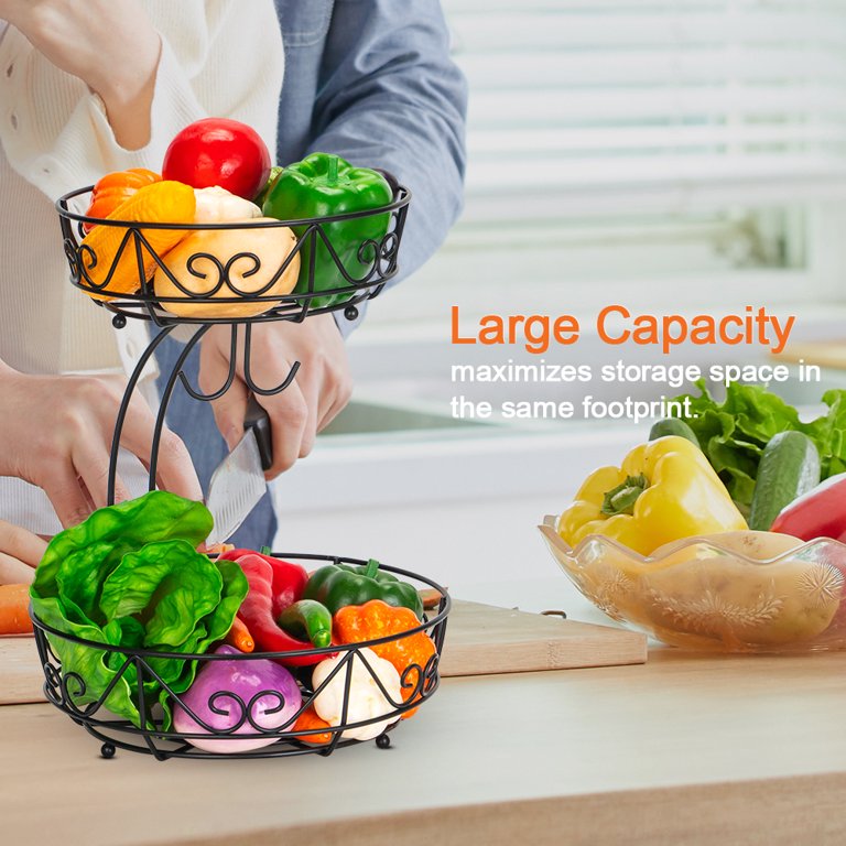 Black 1-Piece 2-Tier Fruit Basket with 2-Banana Hooks and 2-Fruit Bowl