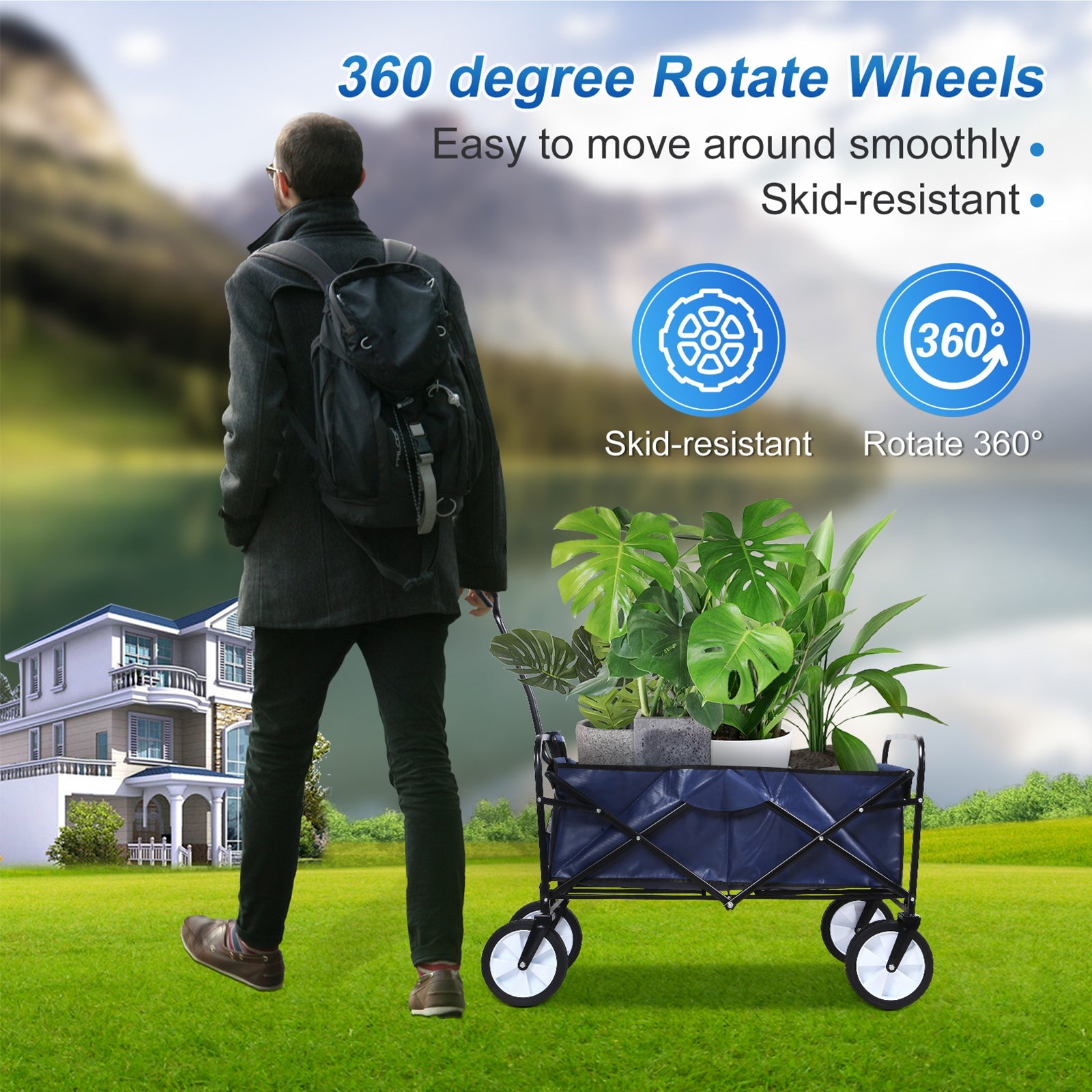 8 cu. ft. Blue Steel Rolling Collapsible Garden Cart Camping Wagon with Swivel Wheels and Adjustable Handle