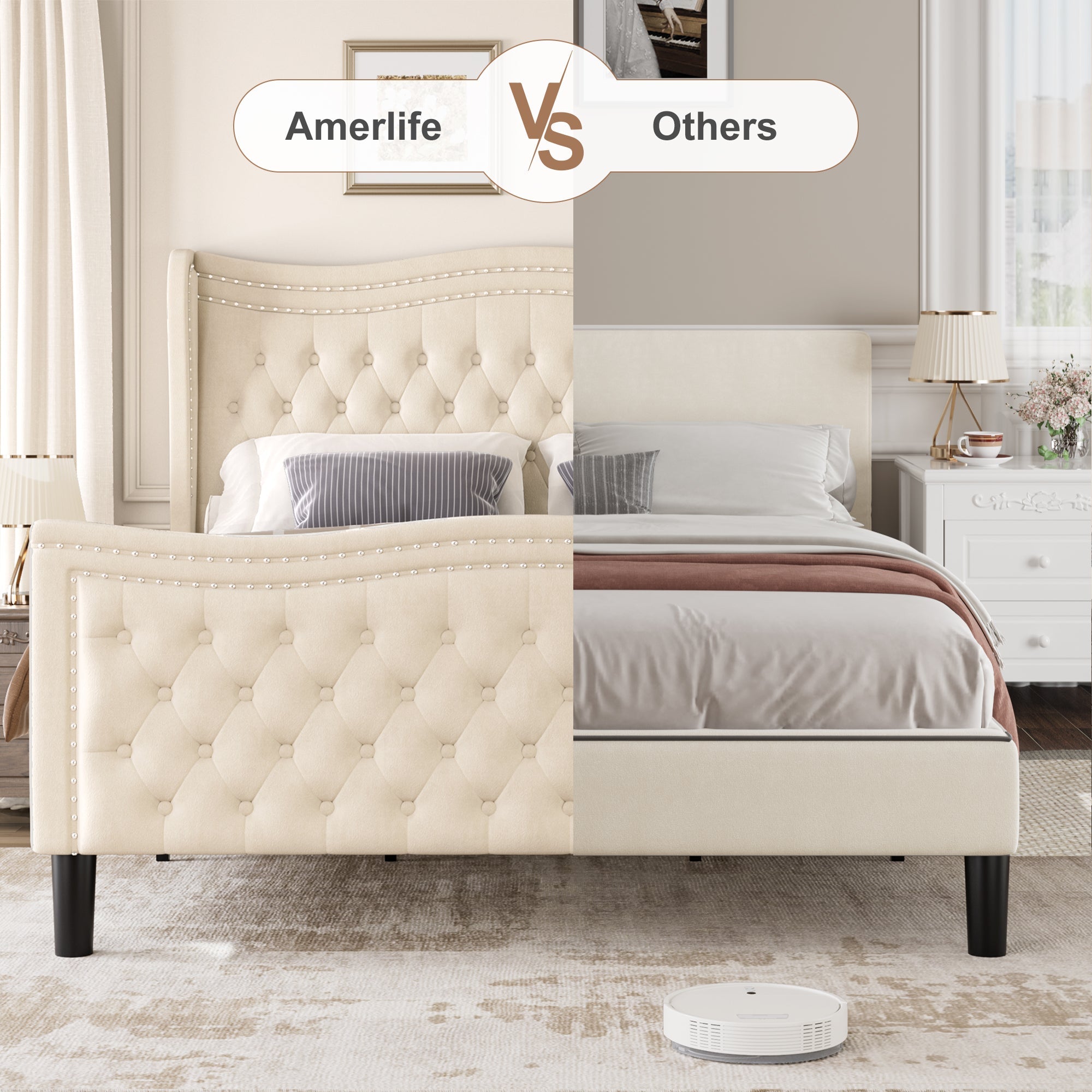 Beige Wood Frame Platform Bed with Wingback Headboard and Rhombus Pattern