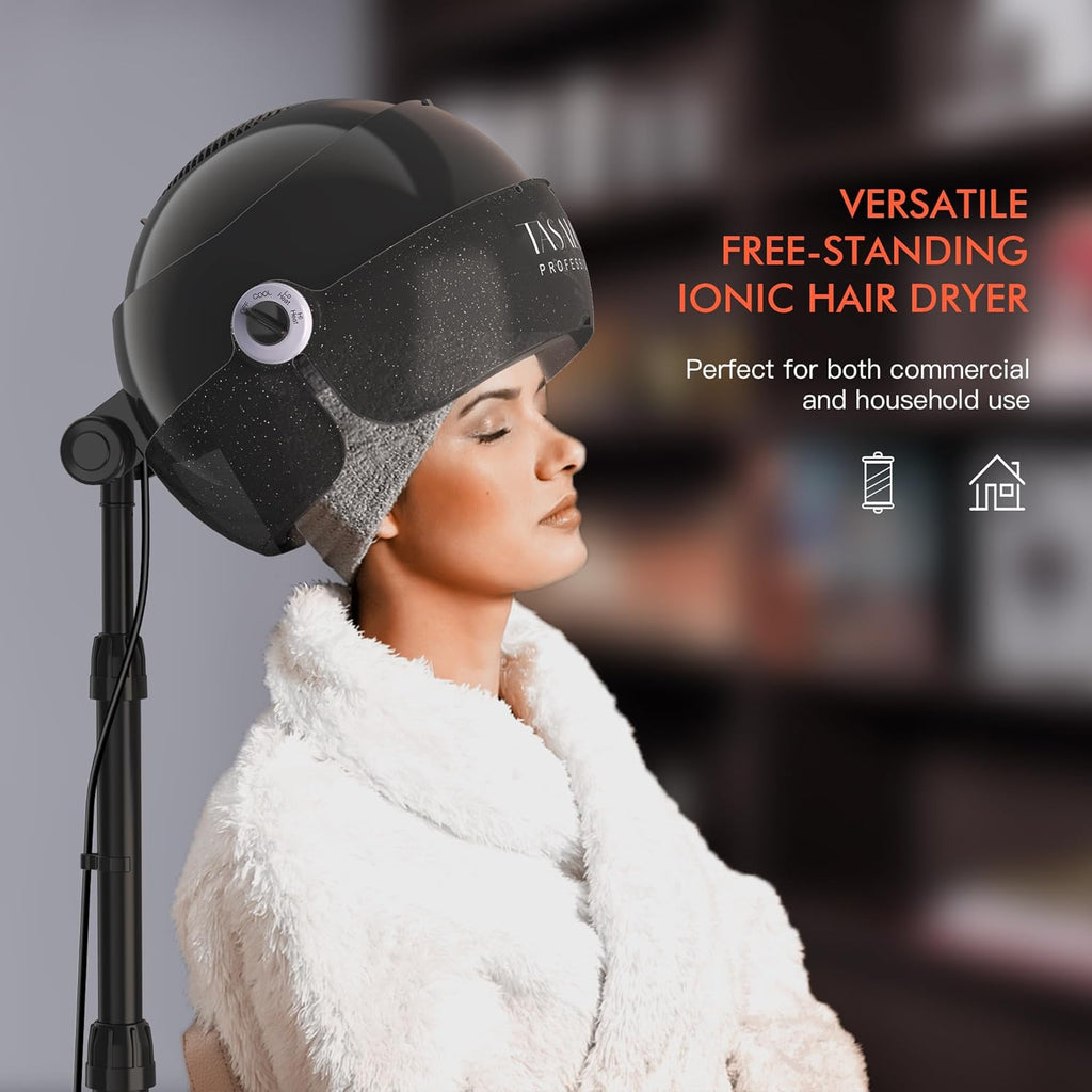 TASALON Ionic Hooded Hair Dryer, 1875W Adjustable Height Standing Bonnet Dryer for Home and Salon - Black