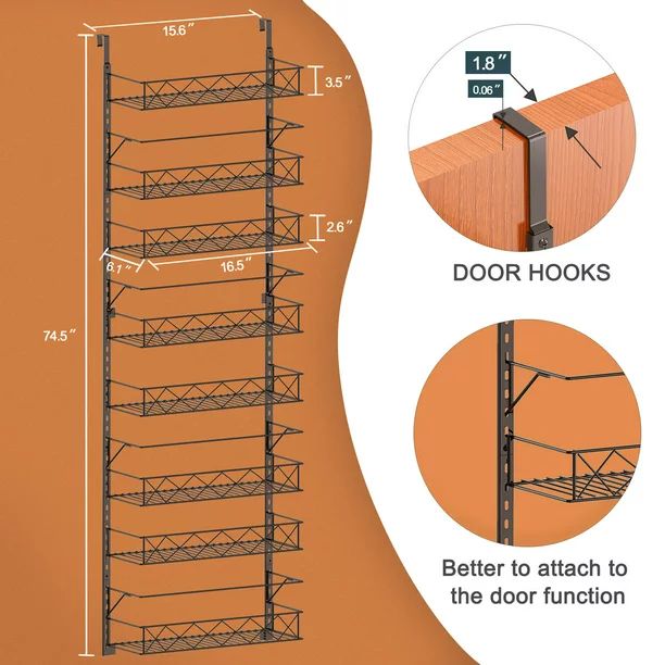 8-Shelf Metal Door Mount Pantry Organizer Spice Rack Organizer in Black