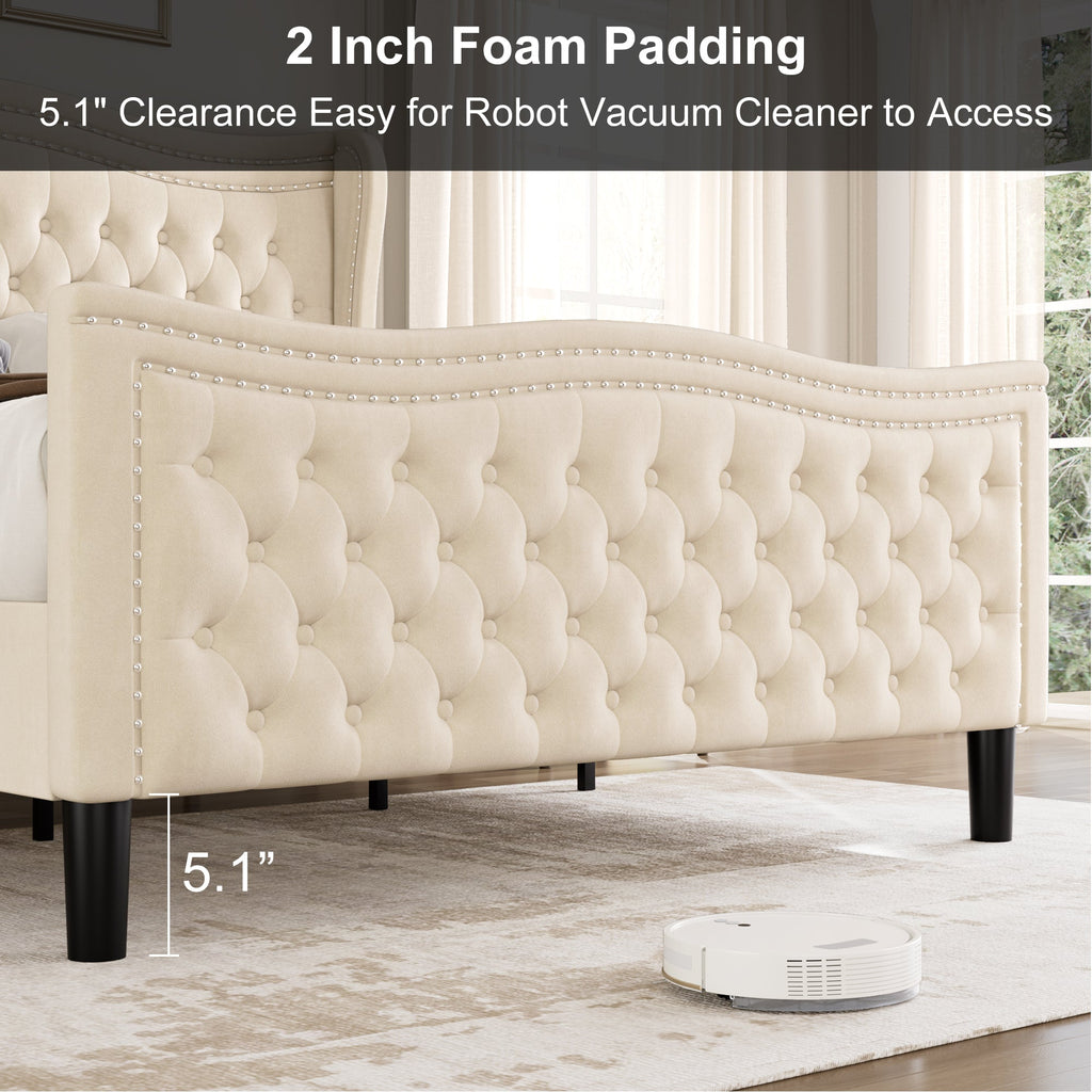 Beige Wood Frame Platform Bed with Wingback Headboard and Rhombus Pattern