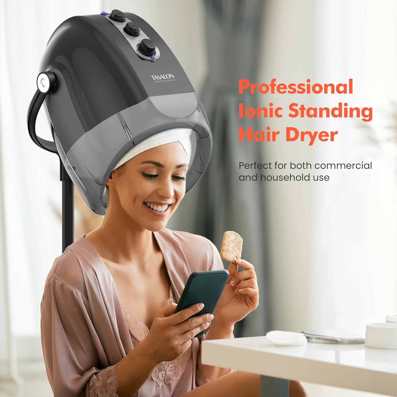 TASALON Ionic Hooded Hair Dryer, Professional Bonnet Hair Dryer for Home and Salon with 3 Temperature Settings