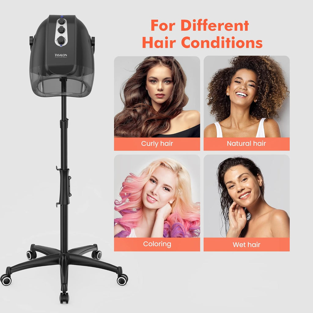 TASALON Ionic Hooded Hair Dryer, Professional Bonnet Hair Dryer for Home and Salon with 3 Temperature Settings
