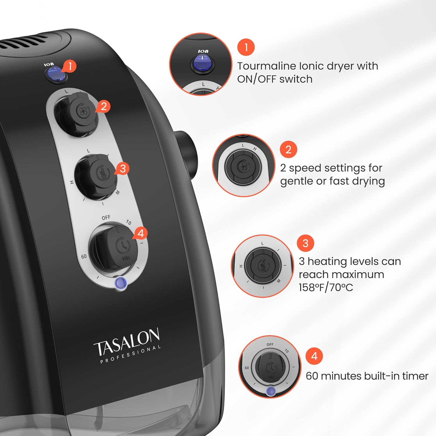 TASALON Ionic Hooded Hair Dryer, Professional Bonnet Hair Dryer for Home and Salon with 3 Temperature Settings
