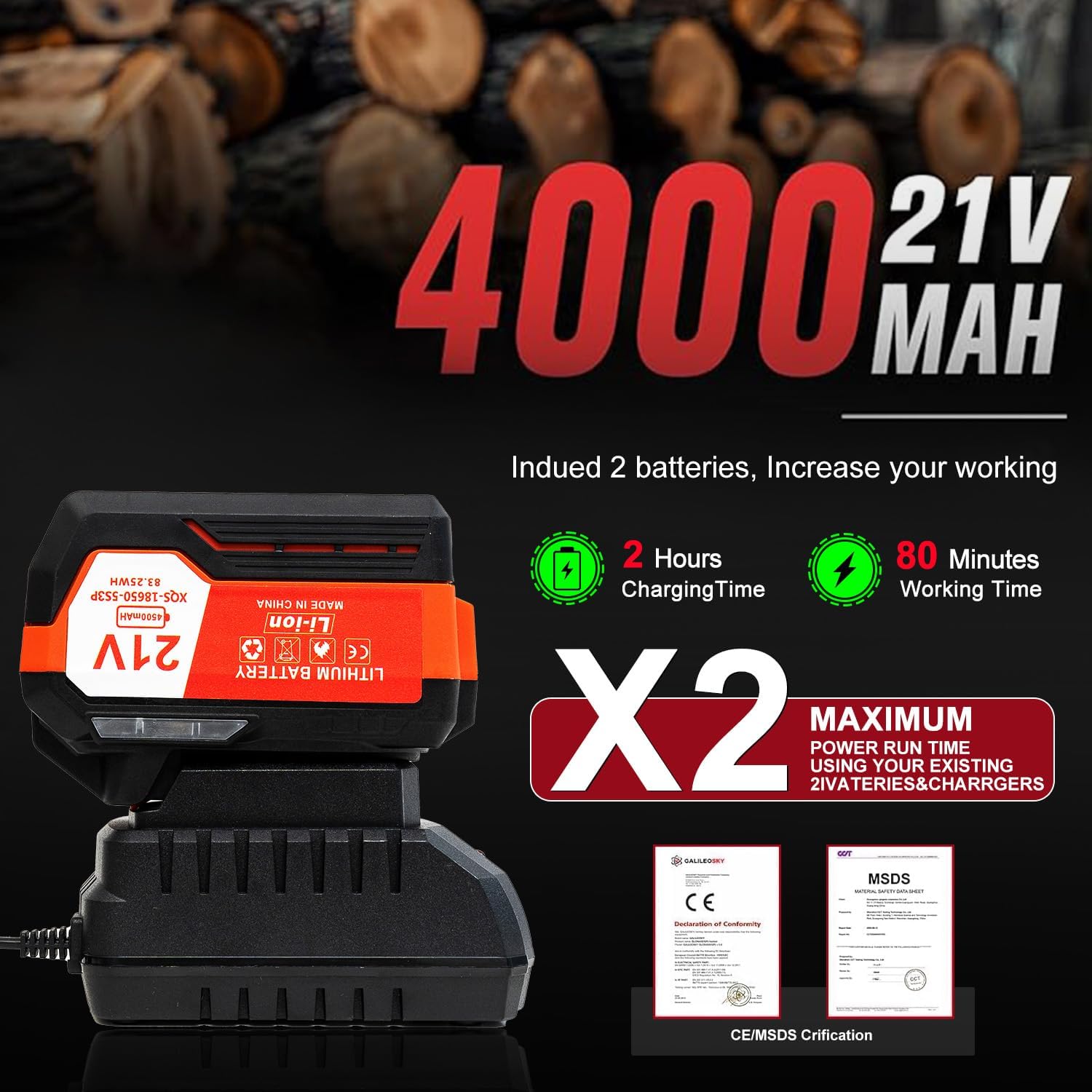 21V Lithium 12 in. Brushless Cordless Battery Powered Pruning Chainsaw with 2 rechargeable 21V 4000mAh batteries