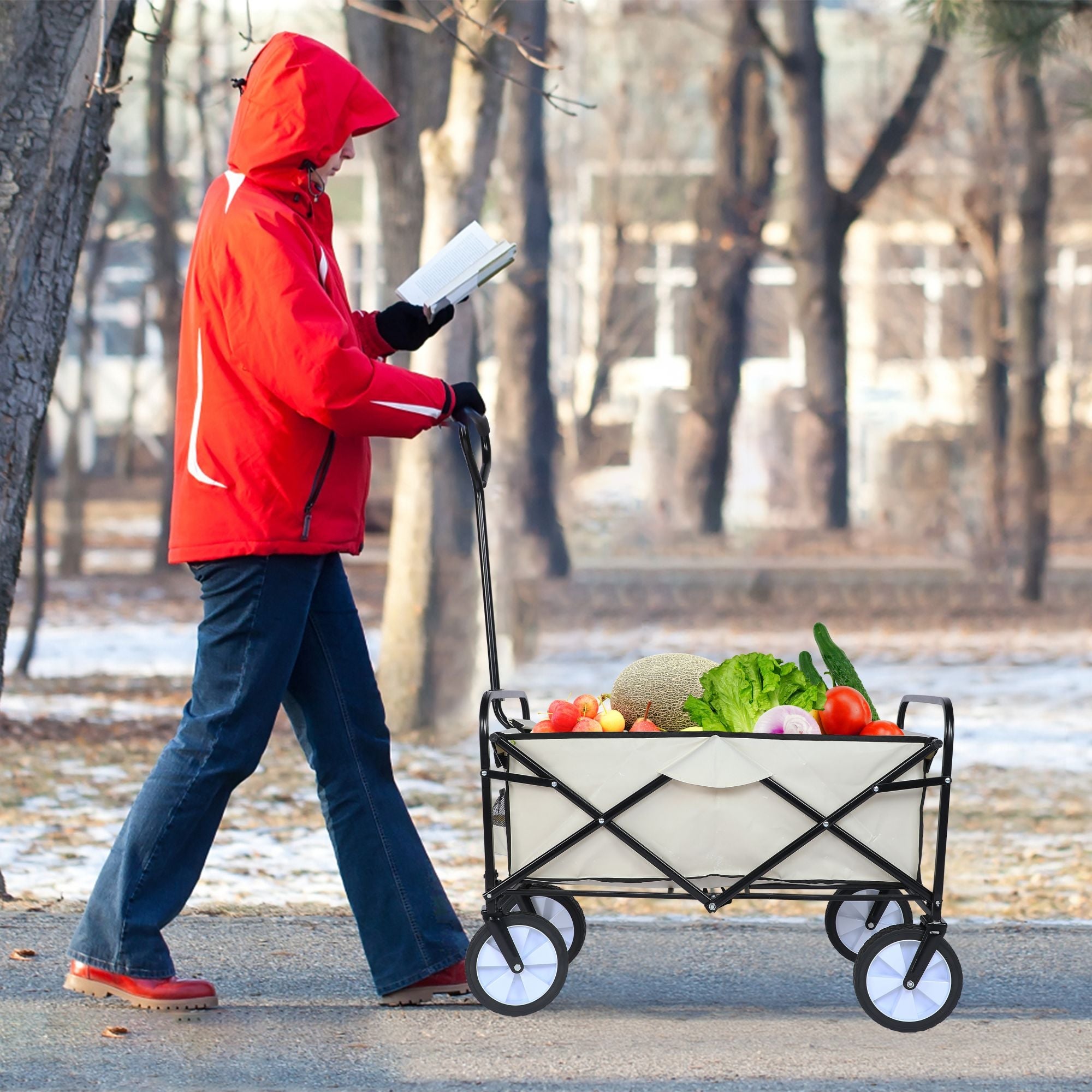 8 cu. ft. White Steel Rolling Collapsible Garden Cart Camping Wagon with Swivel Wheels and Adjustable Handle