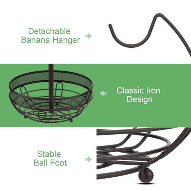 Brozne 1-Piece 2-Tier Fruit Basket with Banana Hook and 2-Fruit Bowl