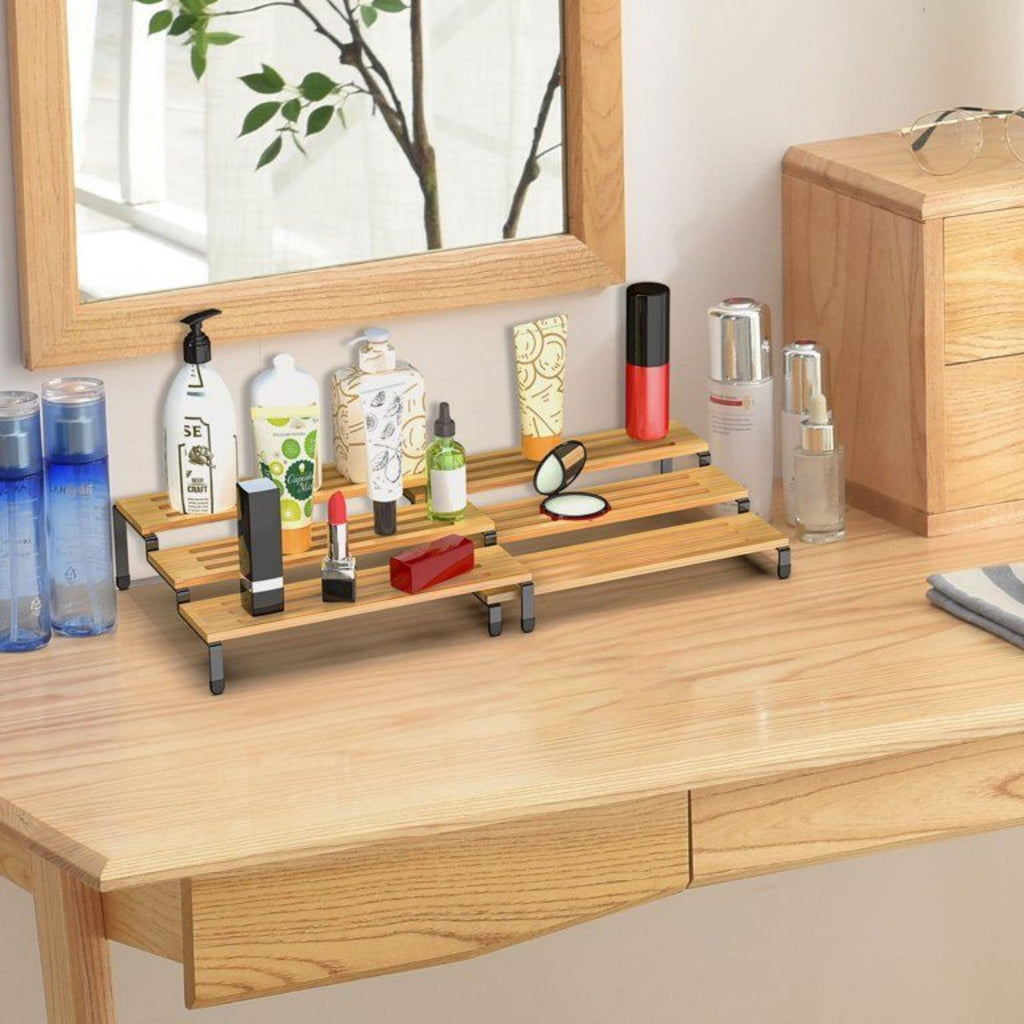 3 Tier Bamboo Spice Rack Freestanding Expandable Seasoning Jars Shelf