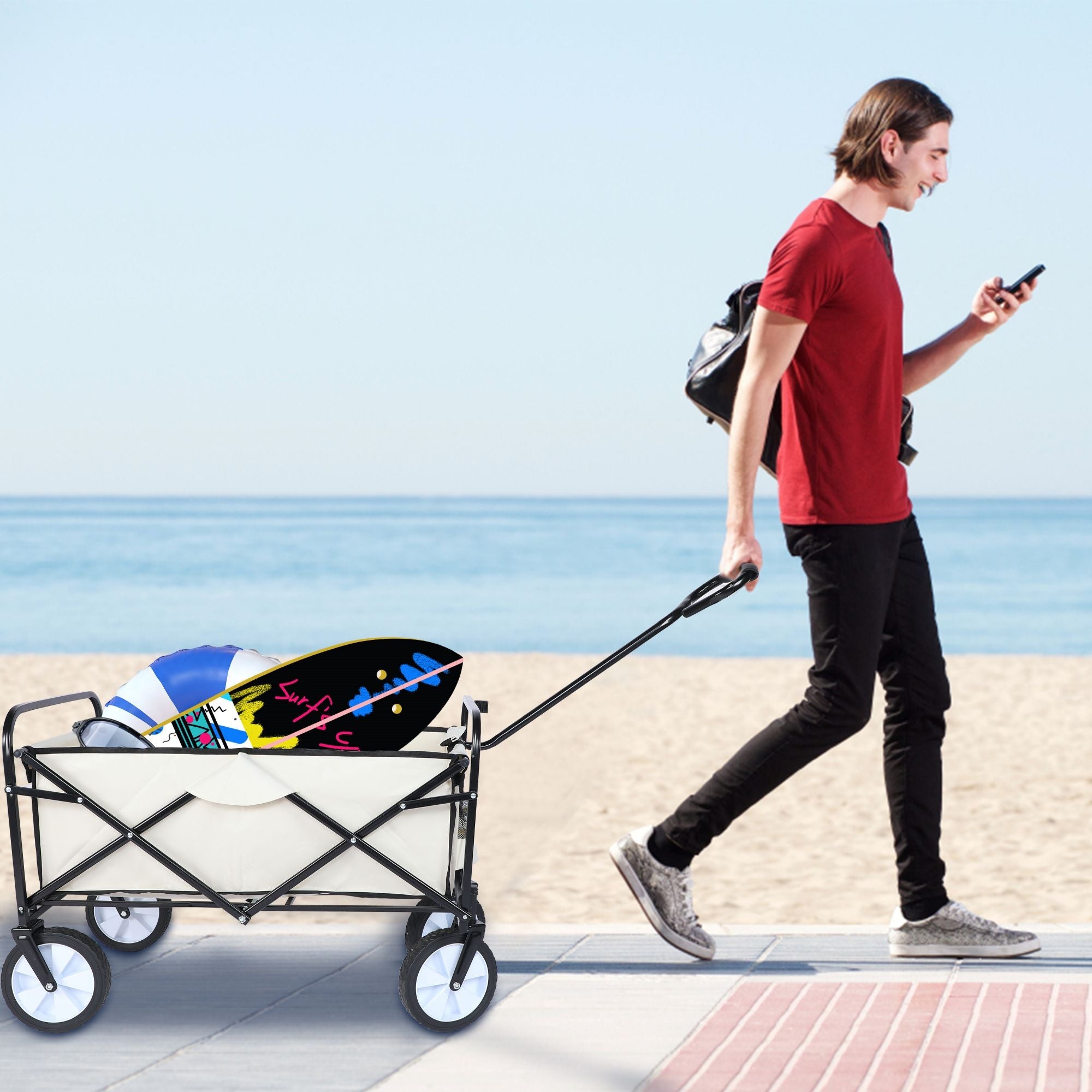 8 cu. ft. White Steel Rolling Collapsible Garden Cart Camping Wagon with Swivel Wheels and Adjustable Handle