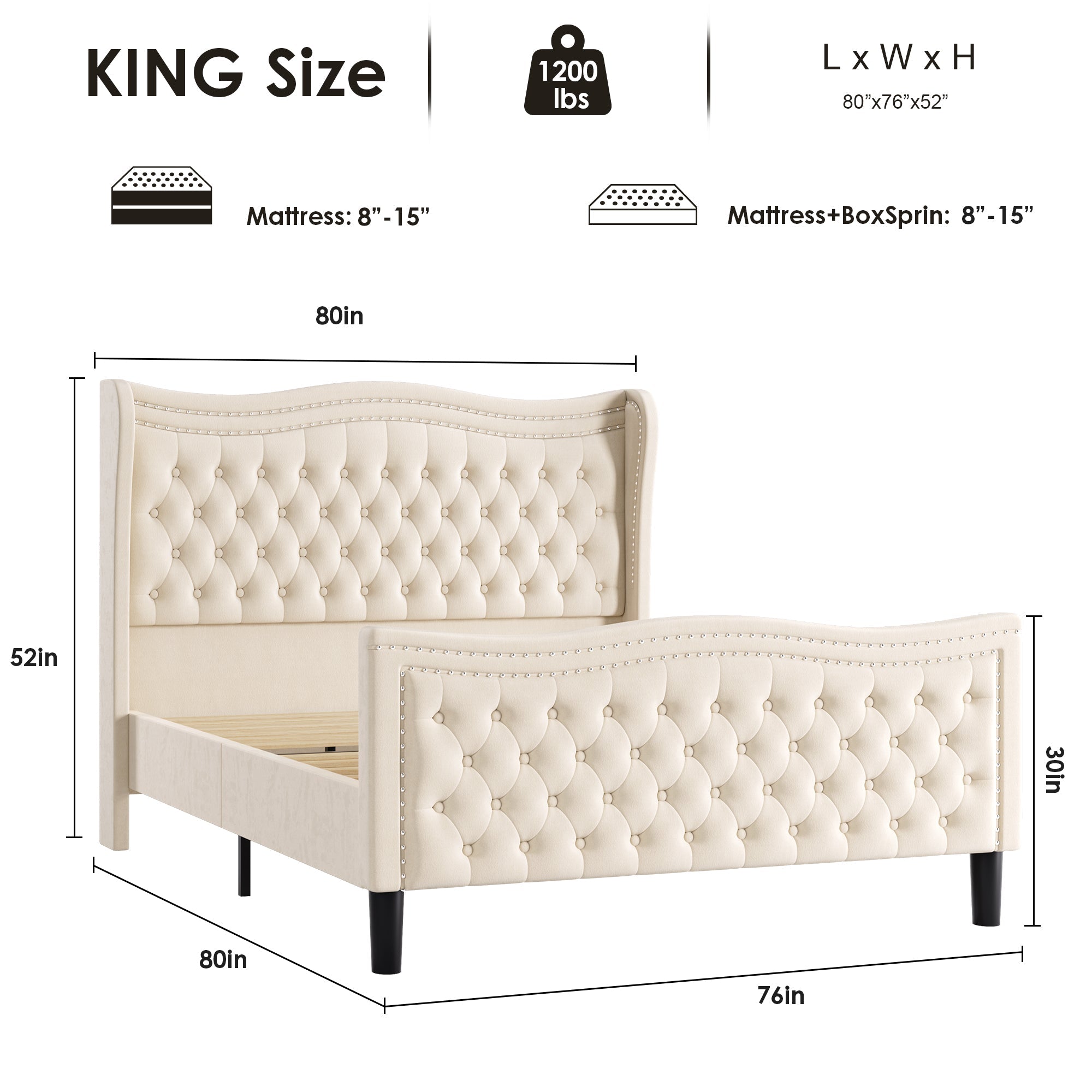 Beige Wood Frame Platform Bed with Wingback Headboard and Rhombus Pattern