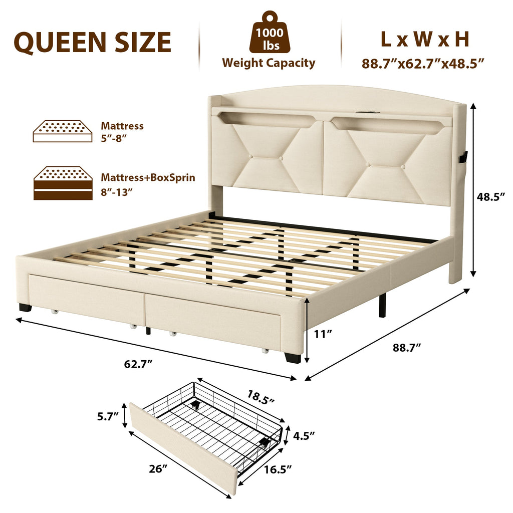 Single Bed Frame With Storage Headboard, Upholstered Bed Frame With Drawers, Charging Station, And Led Lighting