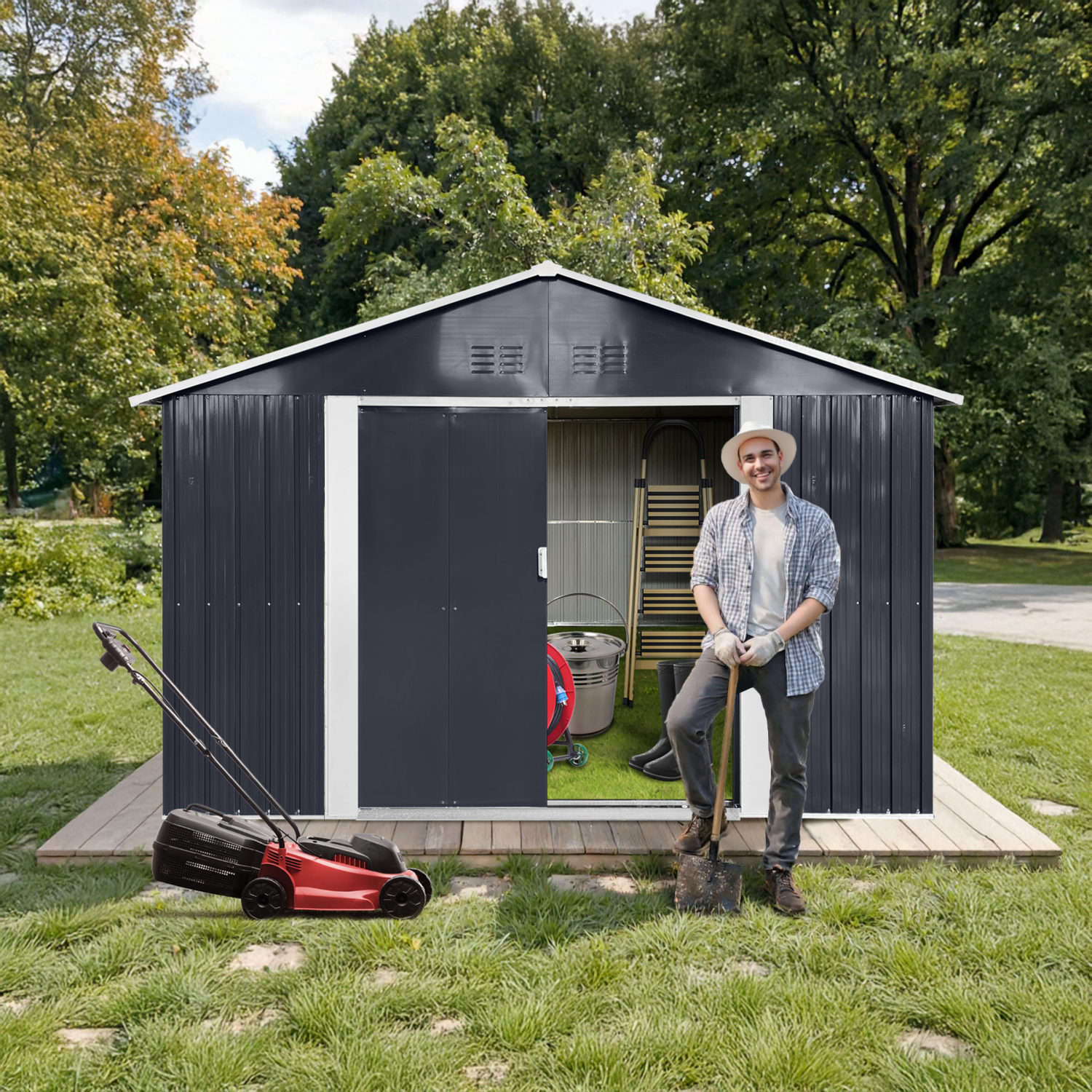 9.1 x 6.4 Ft Outdoor Storage Metal Shed with Silding Lockable Doors and Windor