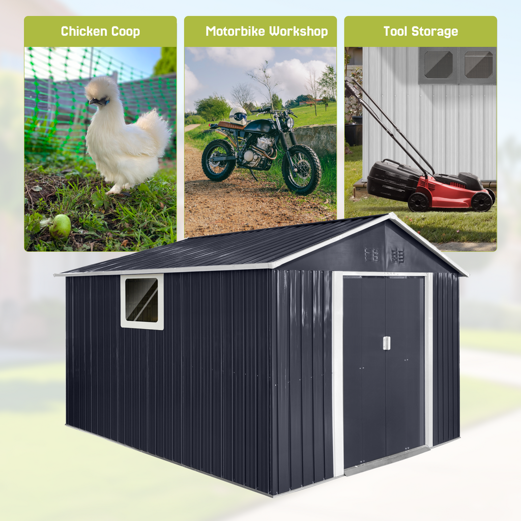 Metal Garden Shed with Lockable Double Doors & Sloping Roof, Weather-Resistant Tool Shed for Backyard, Patio, Poolside Black