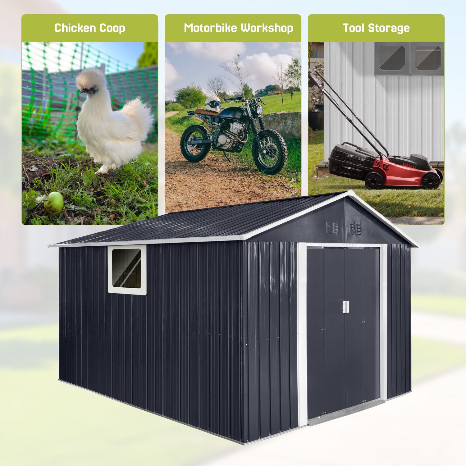 Metal Garden Shed with Lockable Double Doors & Sloping Roof, Weather-Resistant Tool Shed for Backyard, Patio, Poolside Black