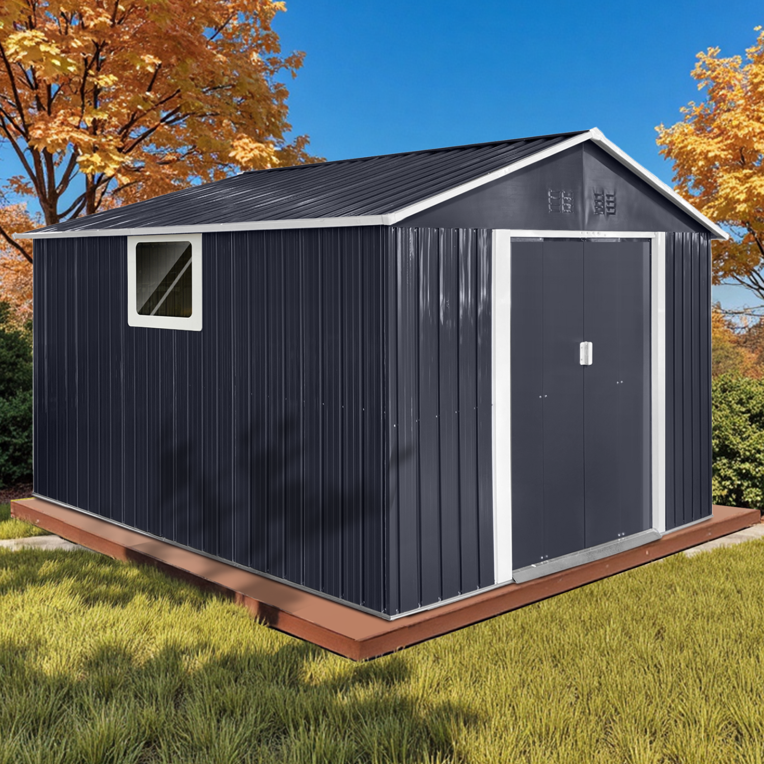 Metal Garden Shed with Lockable Double Doors & Sloping Roof, Weather-Resistant Tool Shed for Backyard, Patio, Poolside Black