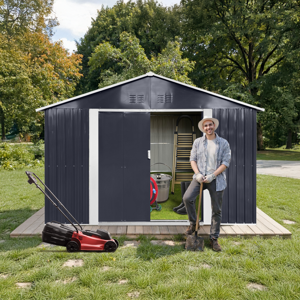 Metal Garden Shed with Lockable Double Doors & Sloping Roof, Weather-Resistant Tool Shed for Backyard, Patio, Poolside Black
