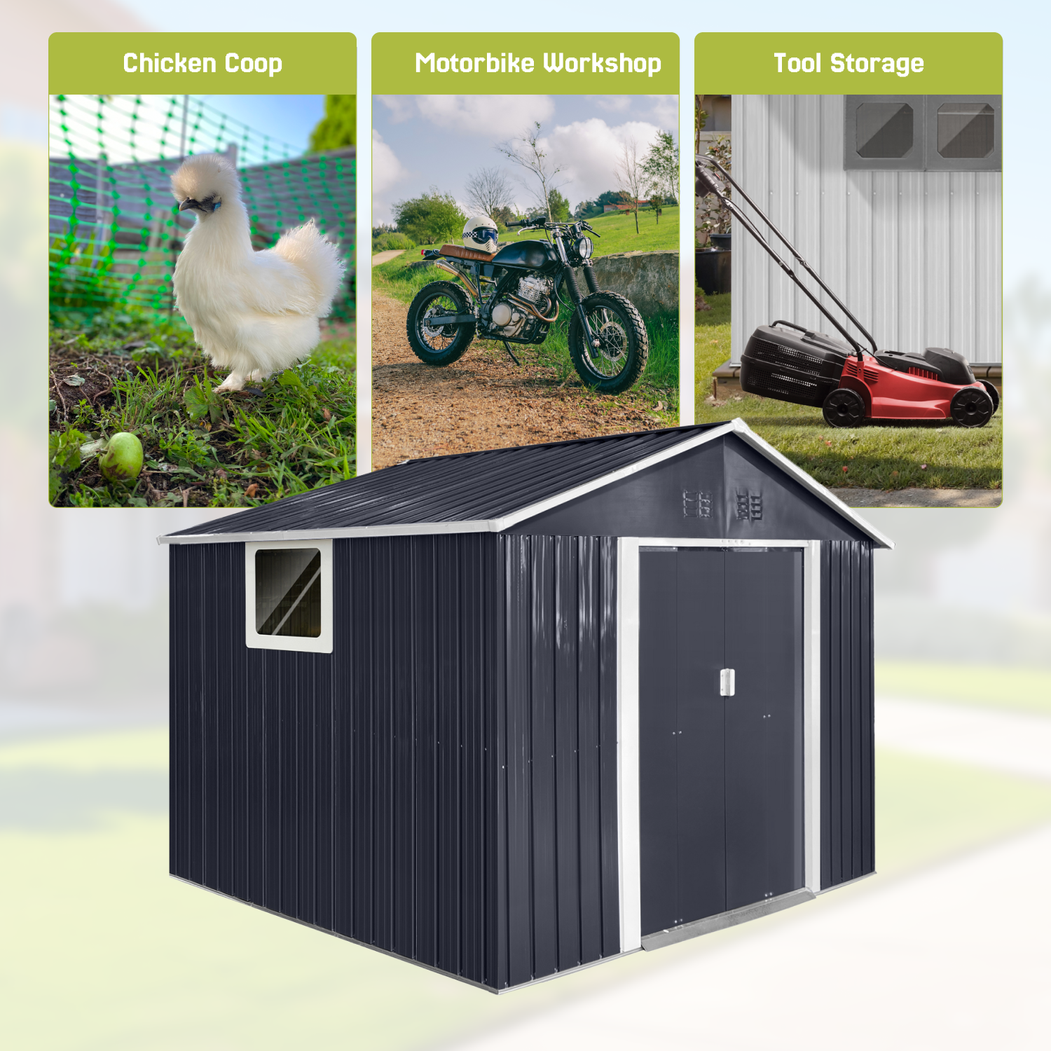 9.1 x 6.4 Ft Outdoor Storage Metal Shed with Silding Lockable Doors and Windor