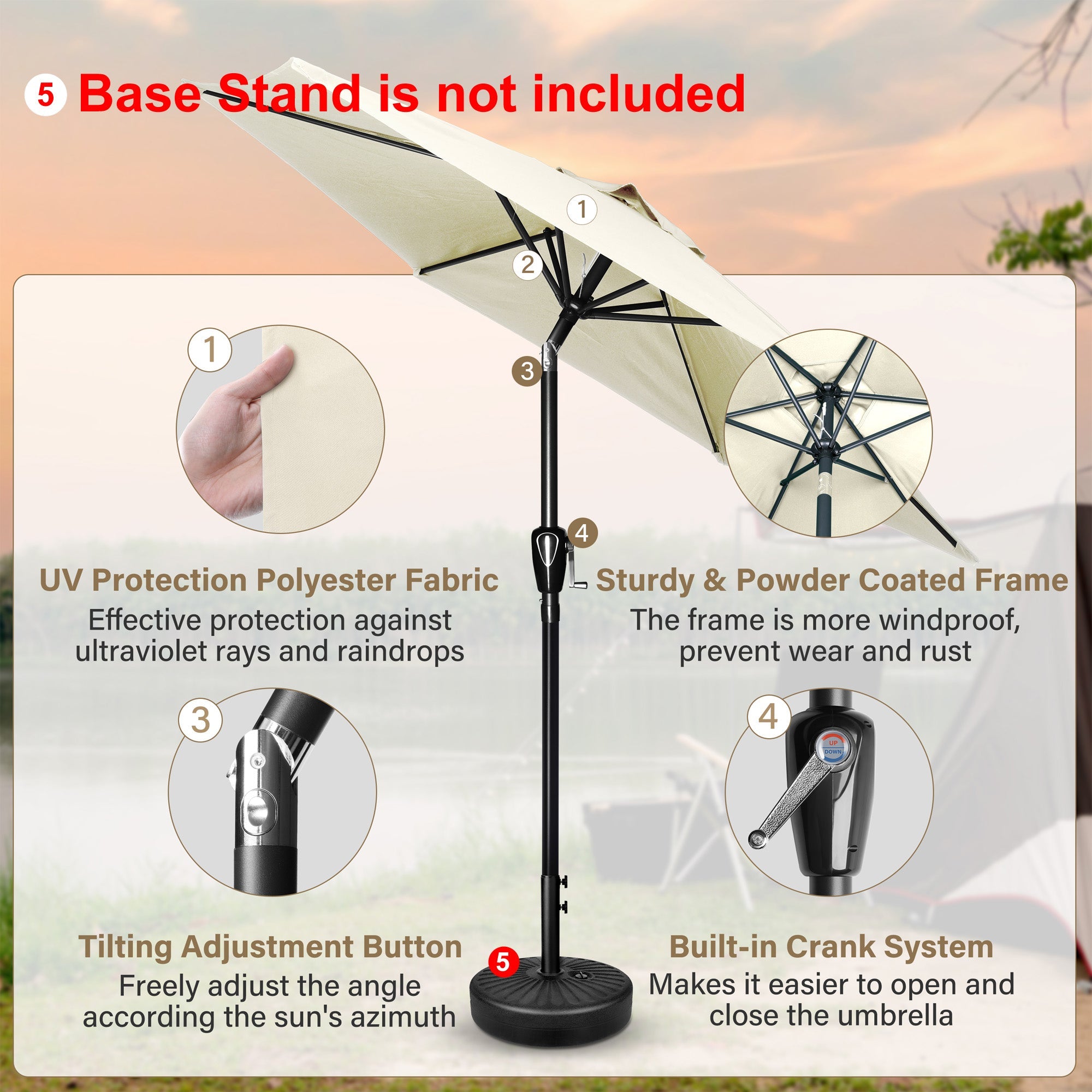 7.5 ft. Steel Market Tilt Patio Umbrella in Beige with Free Standing Base