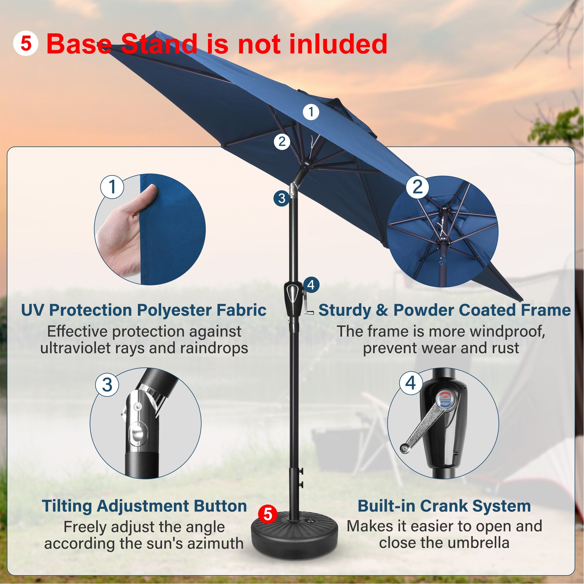 7.5 ft. Steel Market Tilt Patio Umbrella in Blue with Free Standing Base