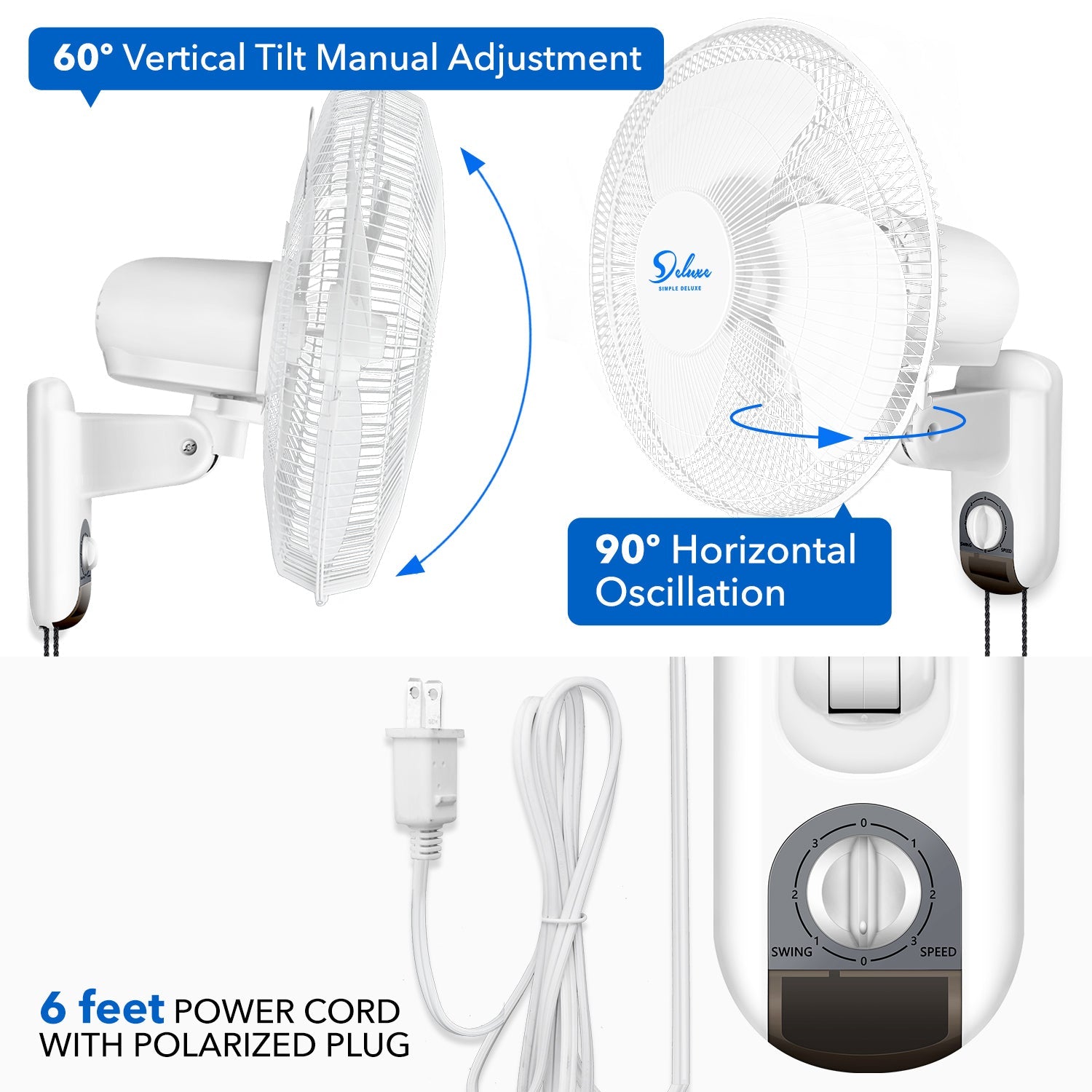 16 in Household White Wall Mount Fans Adjustable Tilt 90° 3-Speed Settings