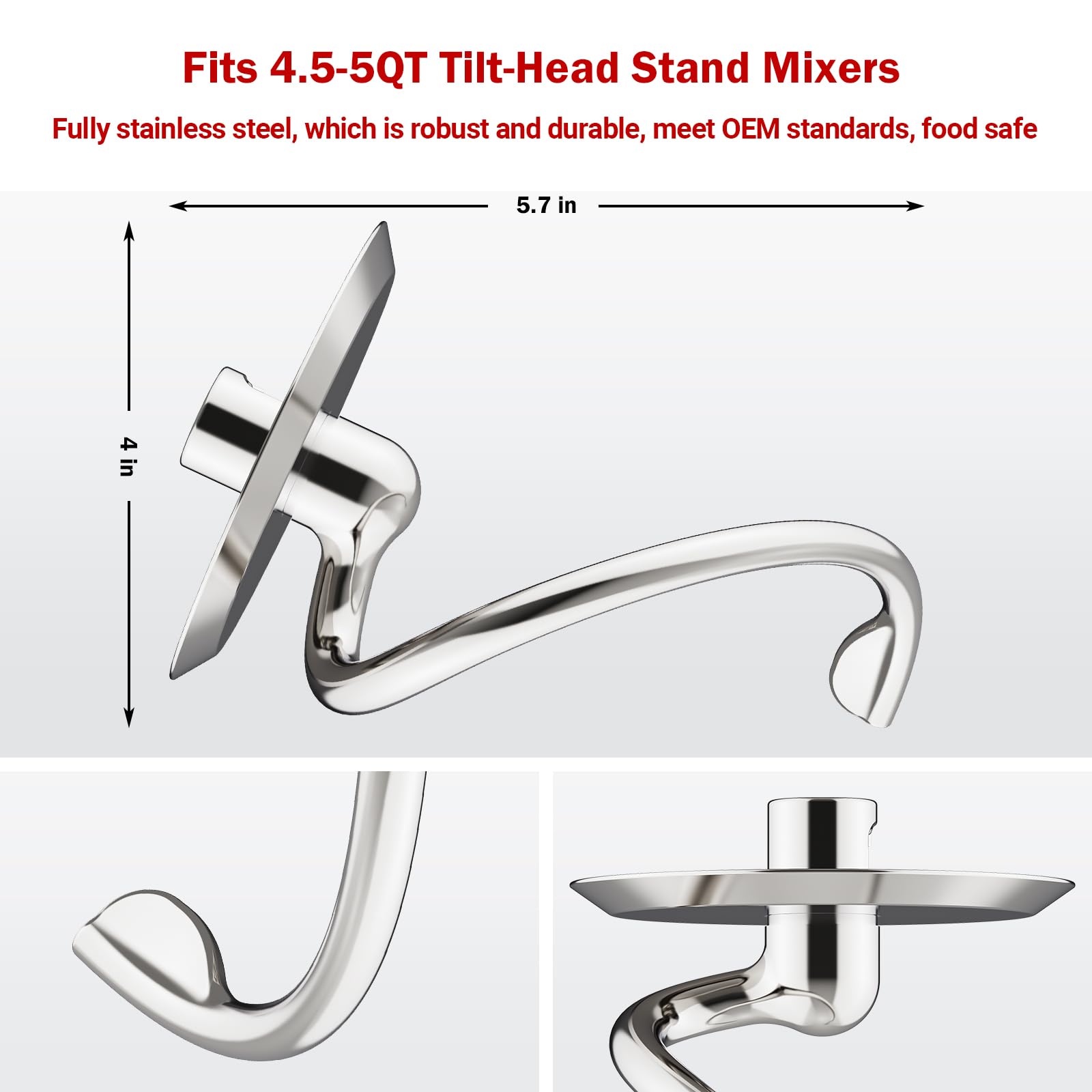 Stainless Steel Spiral Dough Hook for KitchenAid Stand Mixer, Fits 4.5-5 qt. Mixing Bowl, Dishwasher Safe